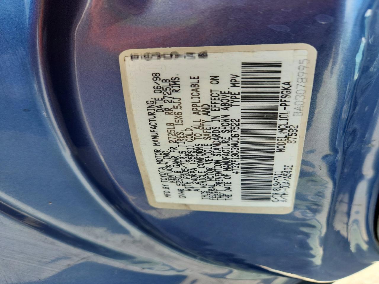 1998 Toyota Sienna Le Blue vin: 4T3ZF13C3WU067522