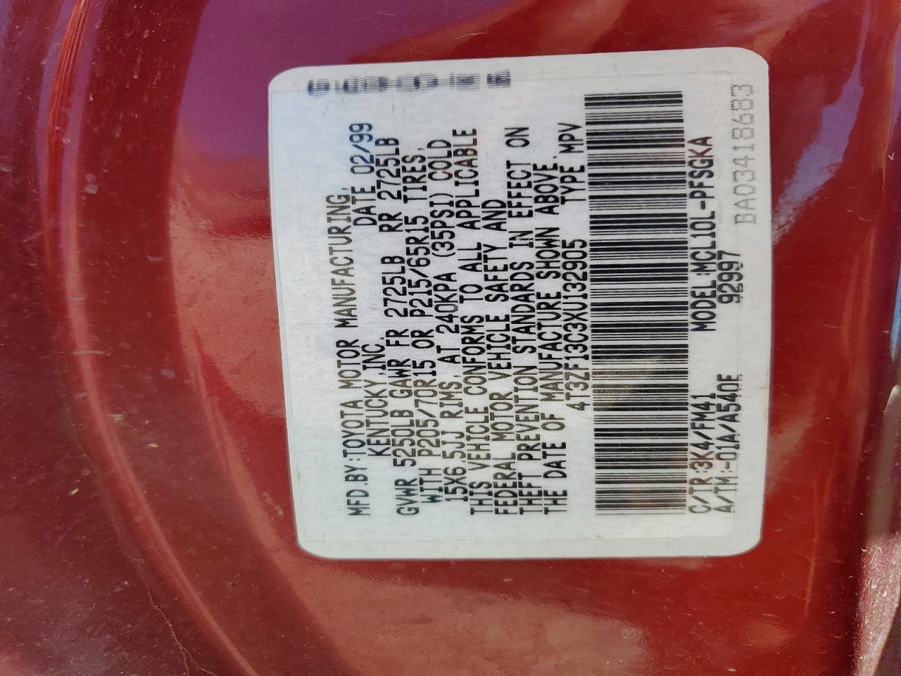 1999 Toyota Sienna Xle Red vin: 4T3ZF13C3XU132905