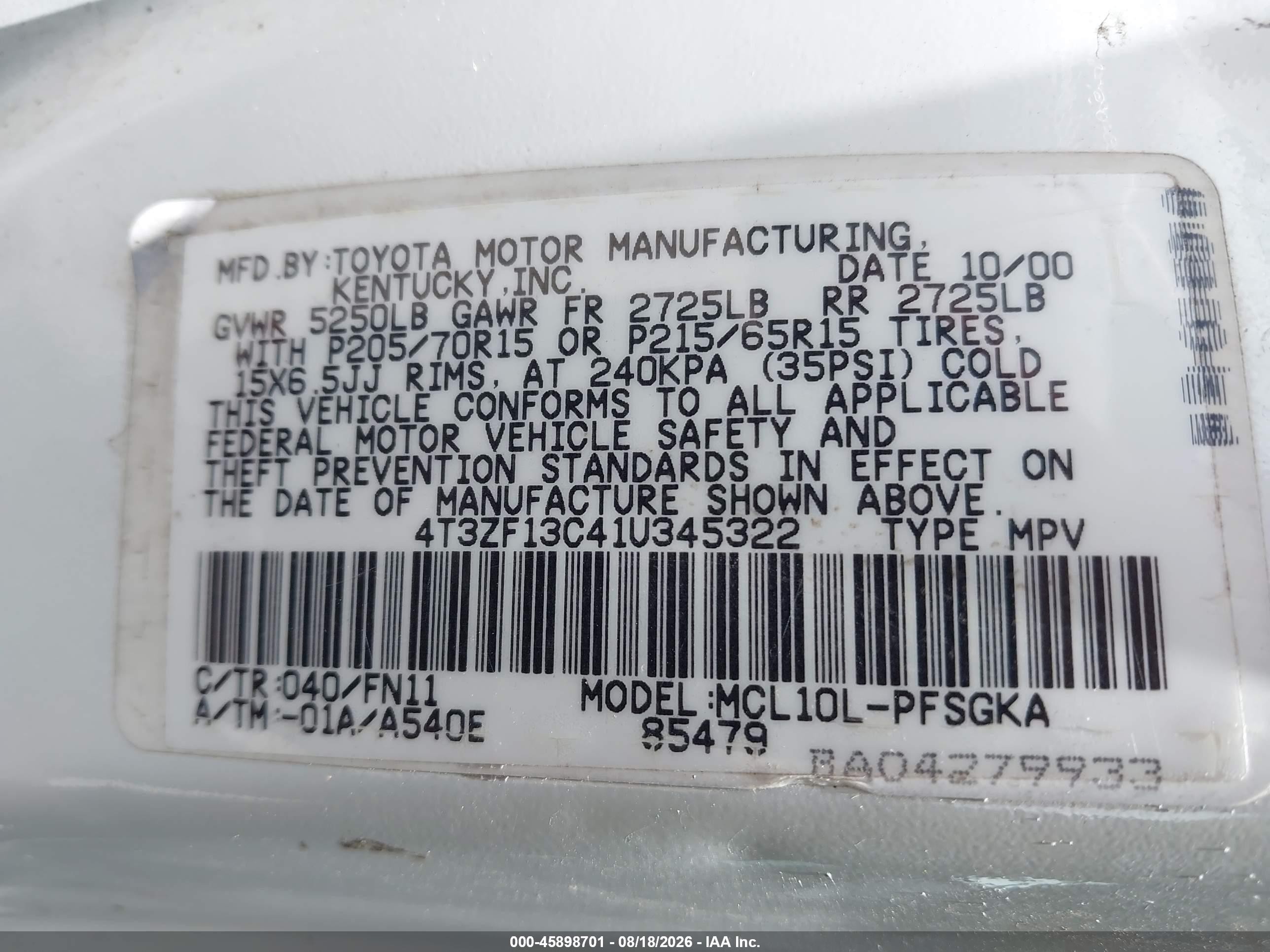 2001 Toyota Sienna Le White vin: 4T3ZF13C41U345322