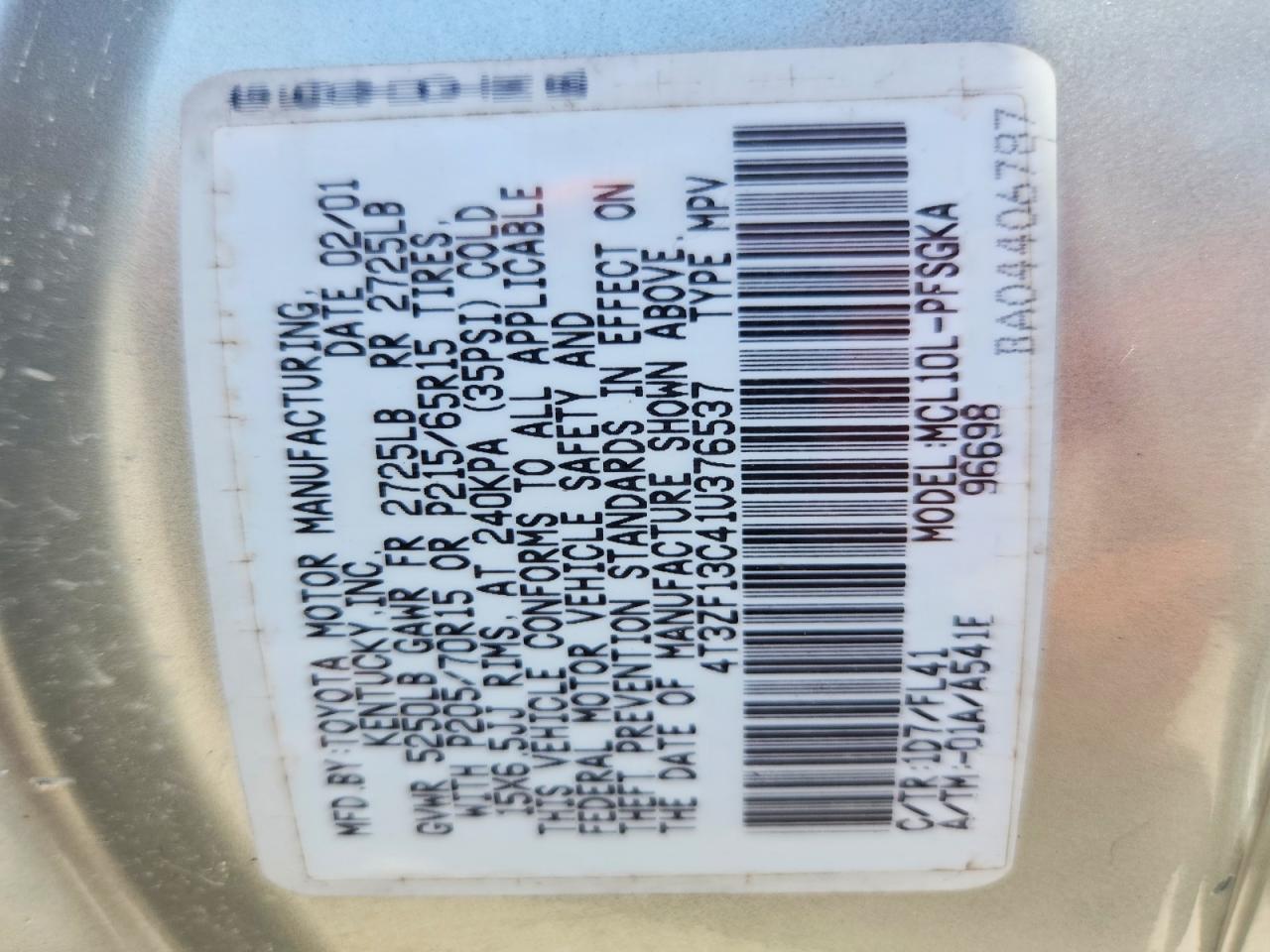2001 Toyota Sienna Xle Silver vin: 4T3ZF13C41U376537