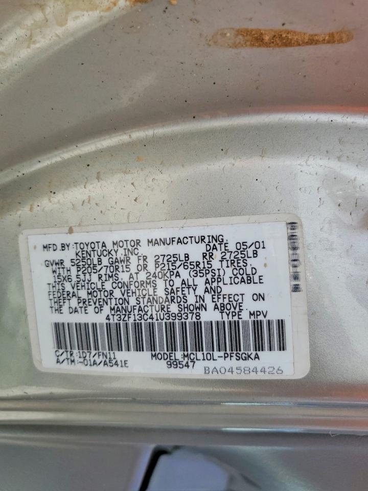 2001 Toyota Sienna Le Silver vin: 4T3ZF13C41U399378