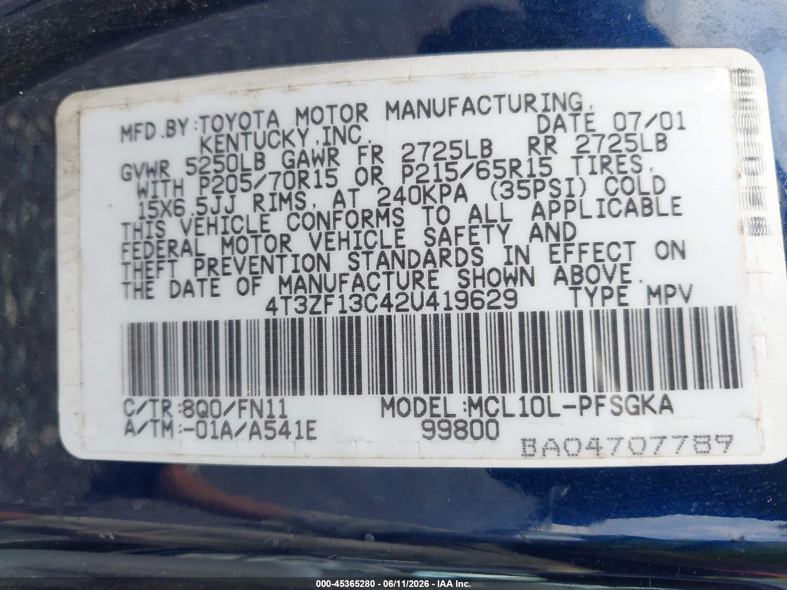 2002 Toyota Sienna Le Blue vin: 4T3ZF13C42U419629