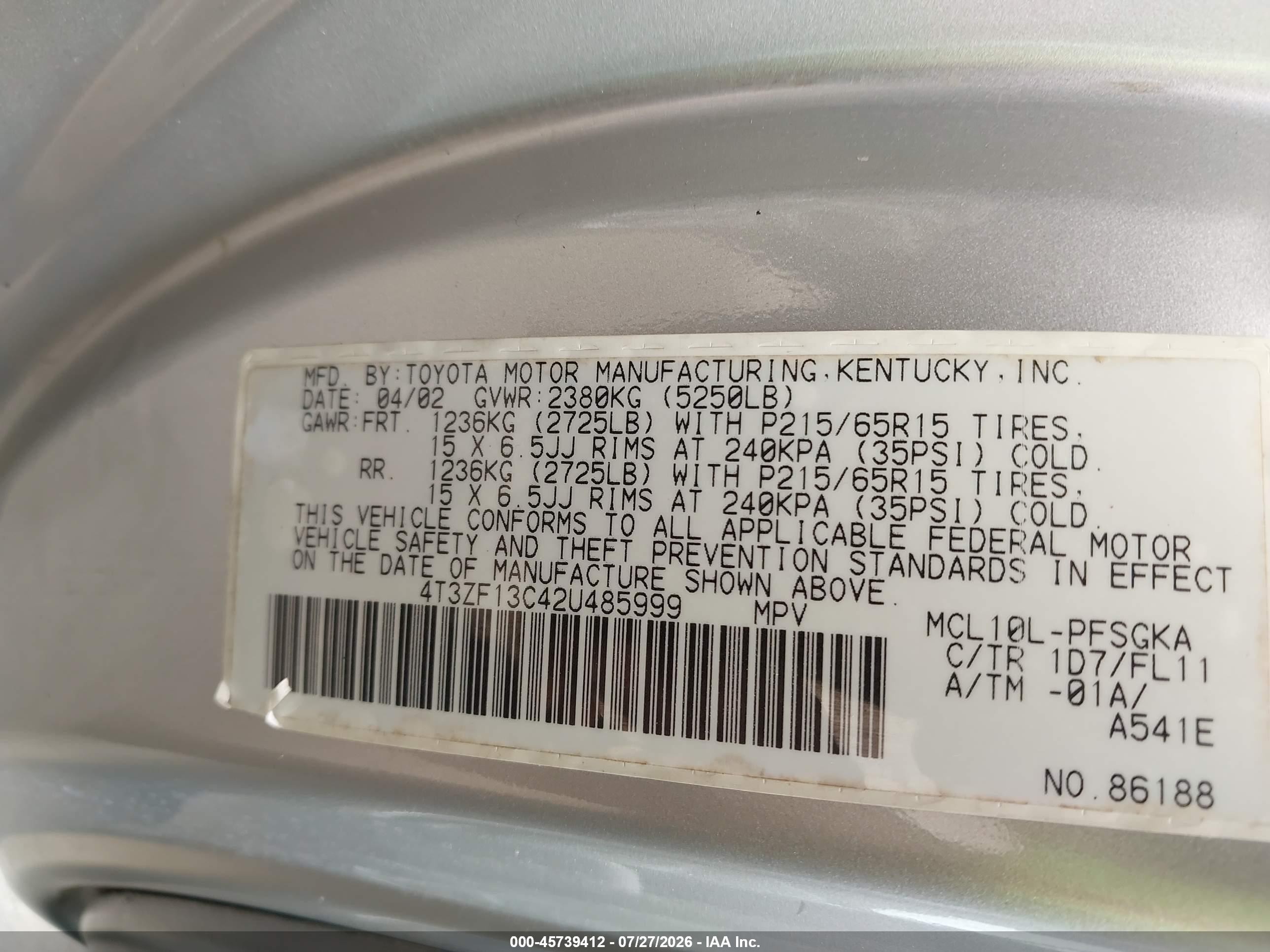 2002 Toyota Sienna Le Silver vin: 4T3ZF13C42U485999