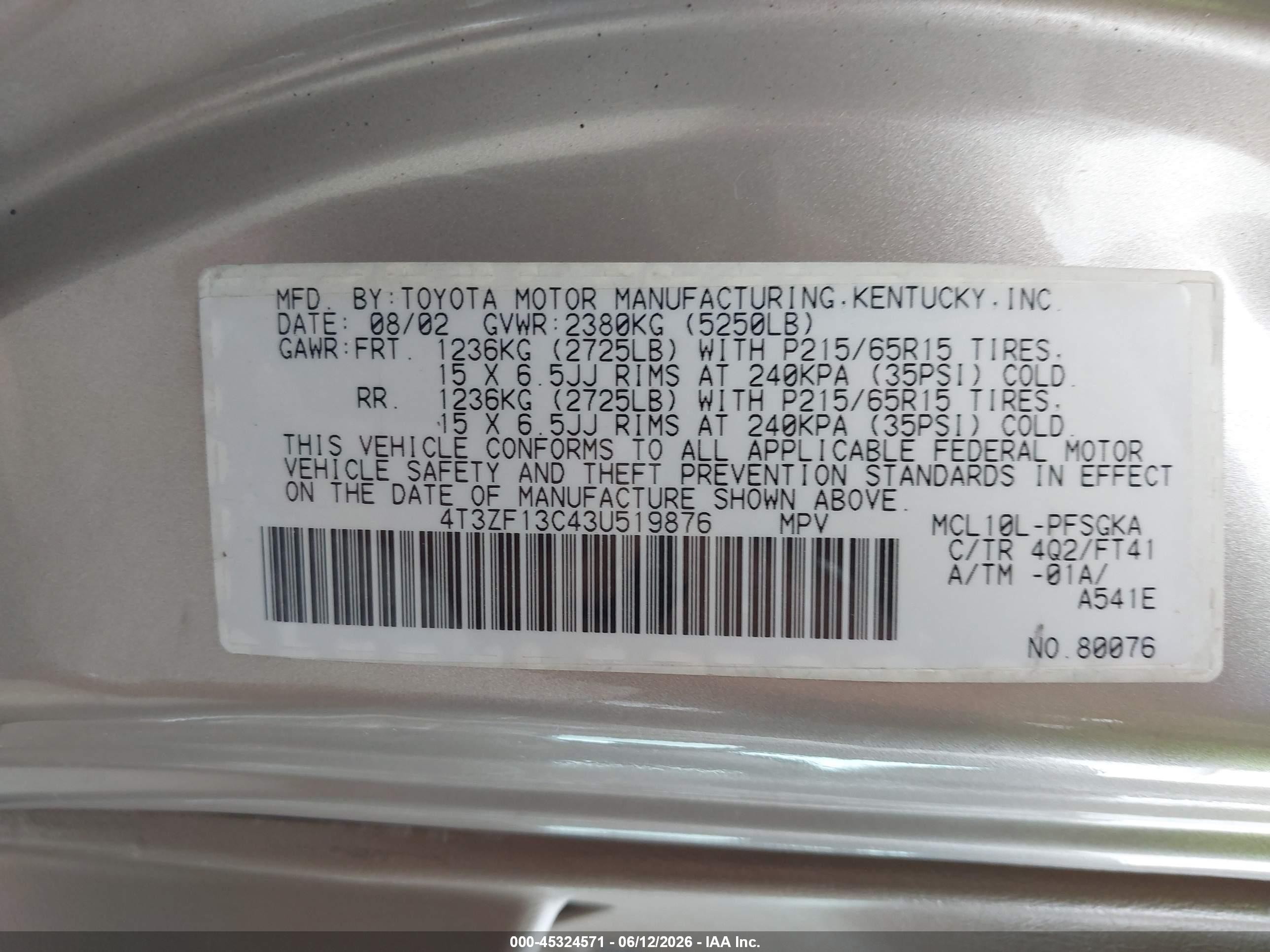 2003 Toyota Sienna Le Brown vin: 4T3ZF13C43U519876
