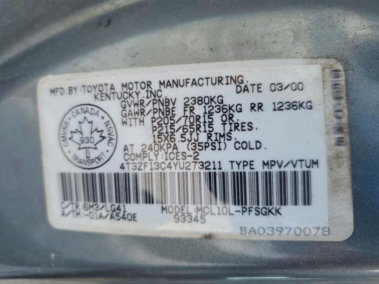 2000 Toyota Sienna Le Blue vin: 4T3ZF13C4YU273211