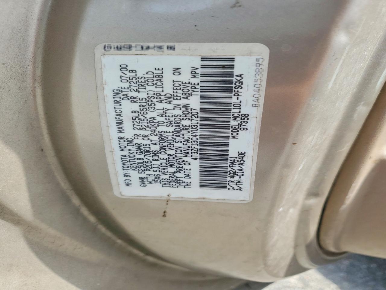 2000 Toyota Sienna Xle Tan vin: 4T3ZF13C4YU317207