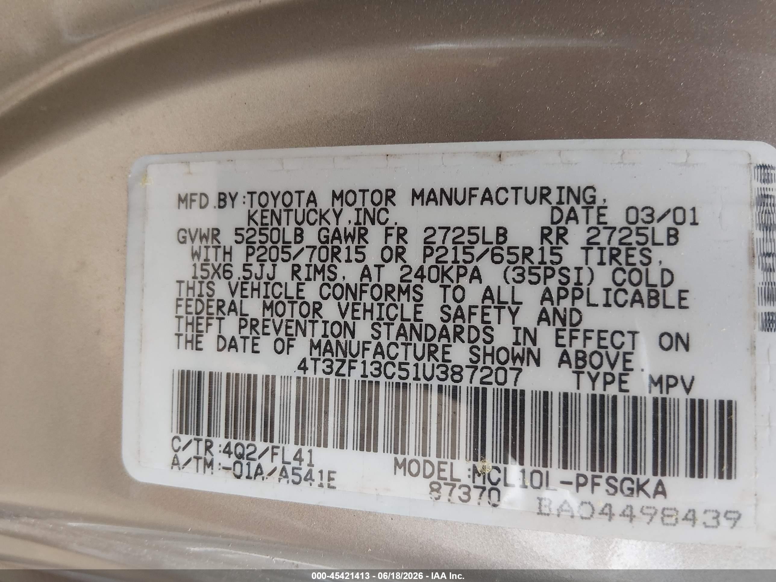 2001 Toyota Sienna Xle Gold vin: 4T3ZF13C51U387207