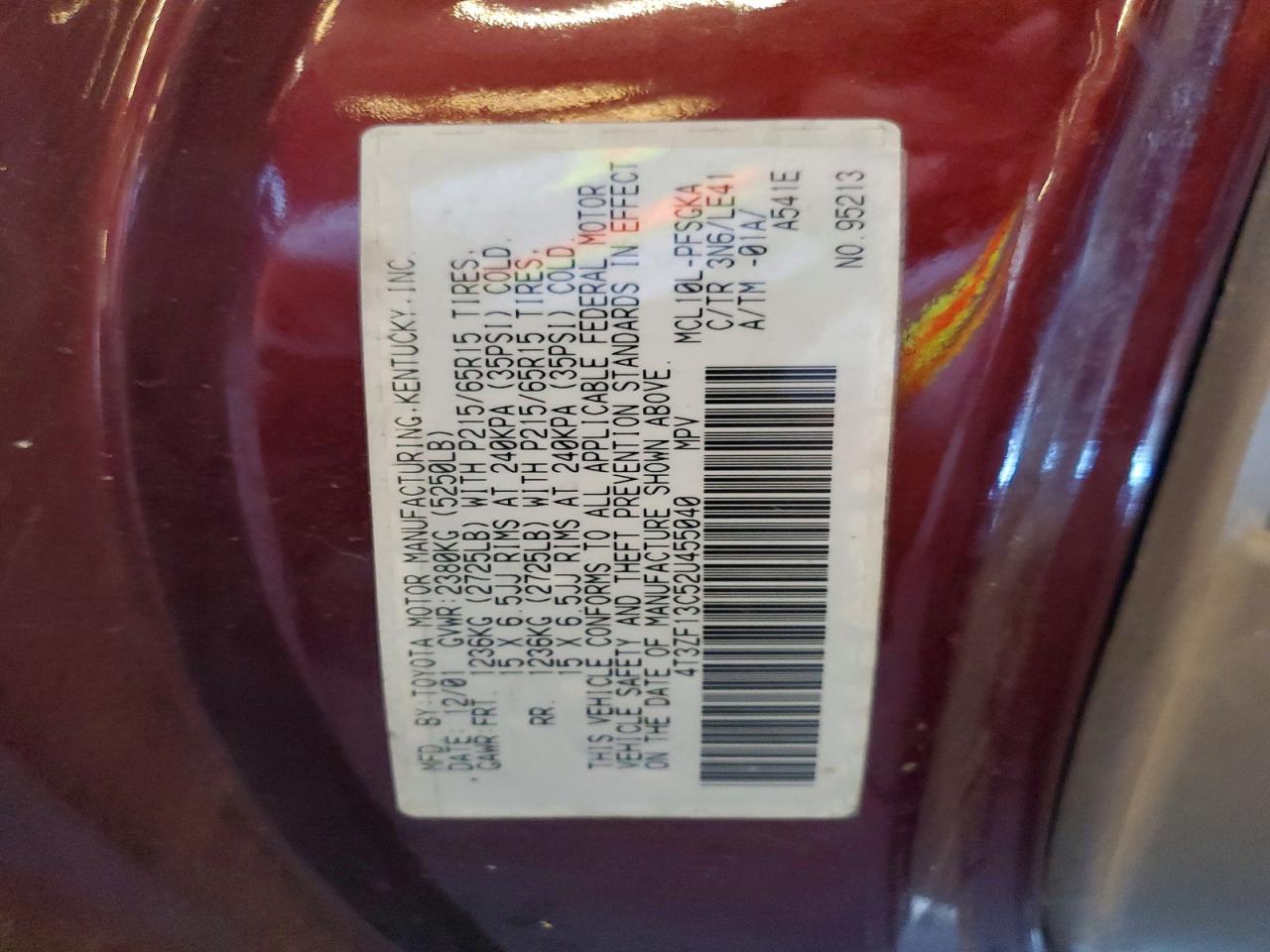 2002 Toyota Sienna Xle Burgundy vin: 4T3ZF13C52U455040