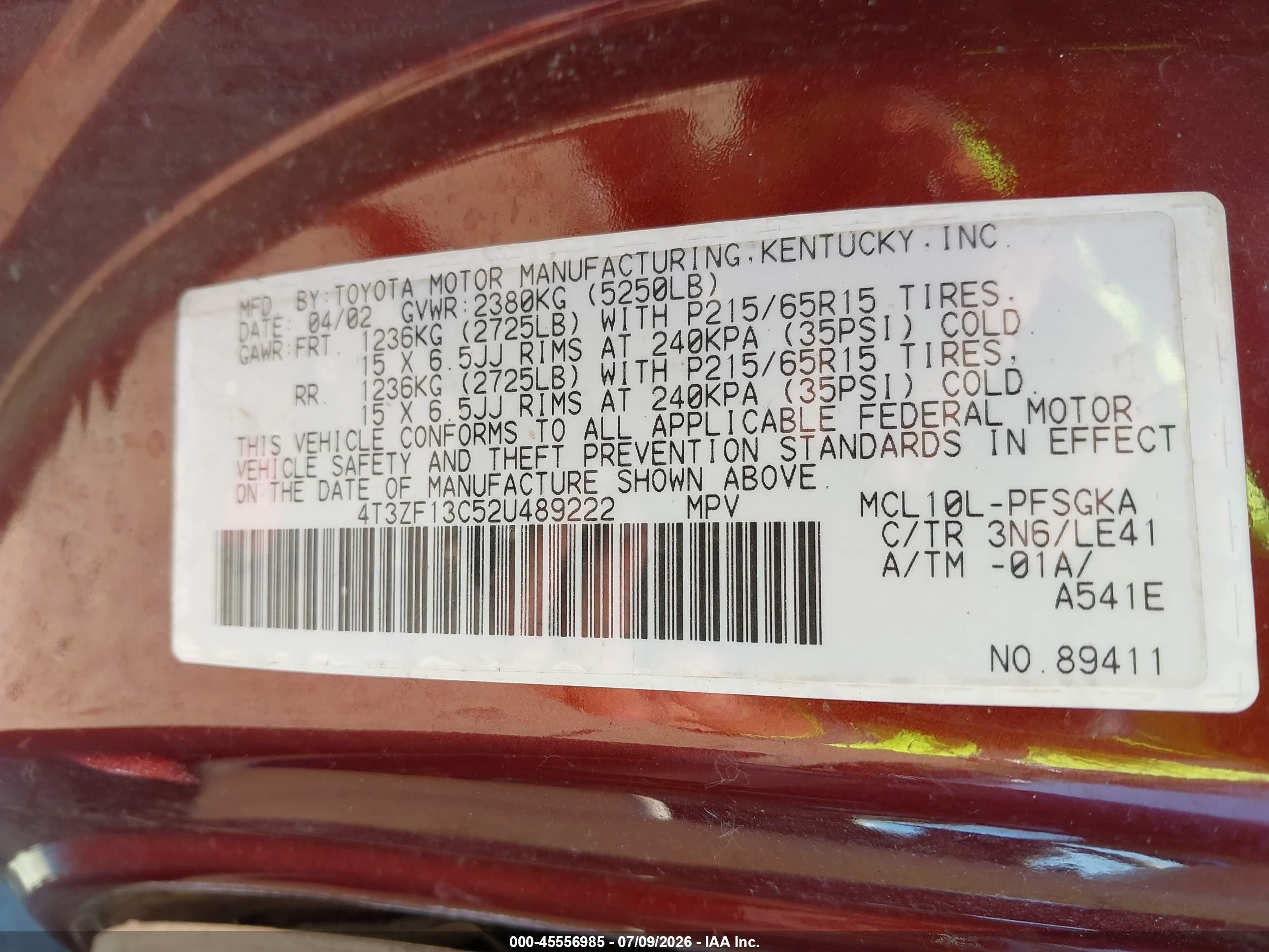 2002 Toyota Sienna Xle Burgundy vin: 4T3ZF13C52U489222