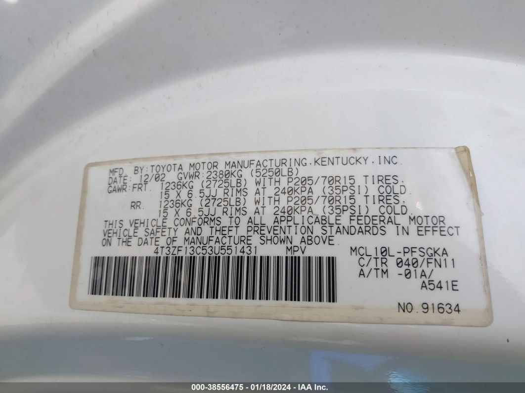 2003 Toyota Sienna Le White vin: 4T3ZF13C53U551431