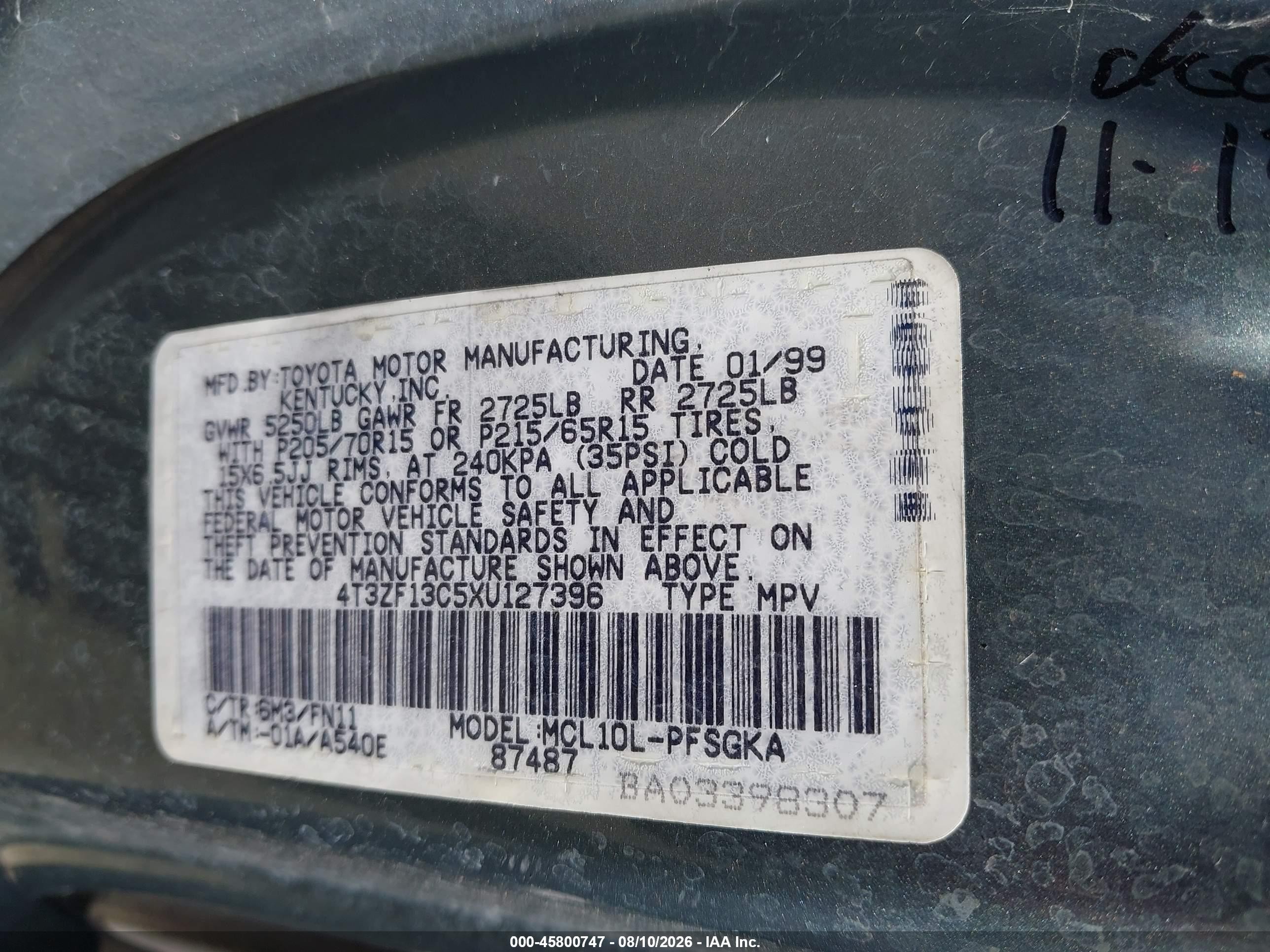 1999 Toyota Sienna Le Зеленый vin: 4T3ZF13C5XU127396