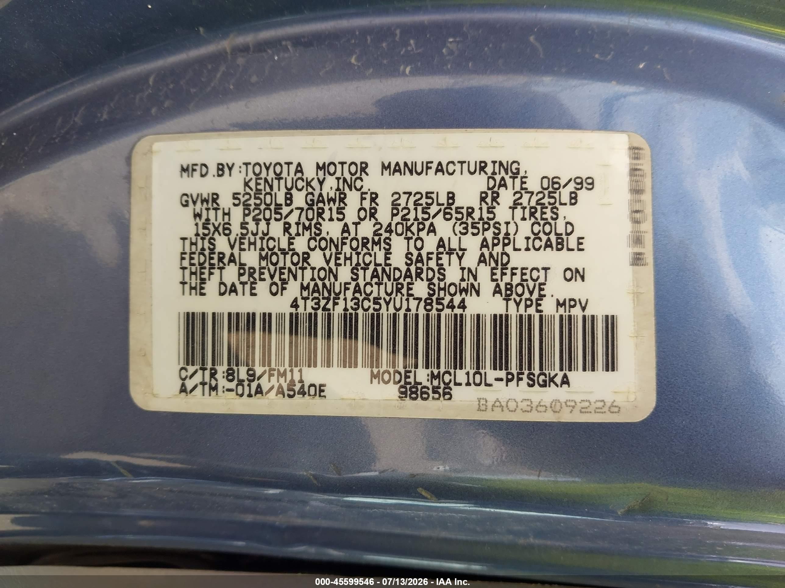2000 Toyota Sienna Xle Blue vin: 4T3ZF13C5YU178544