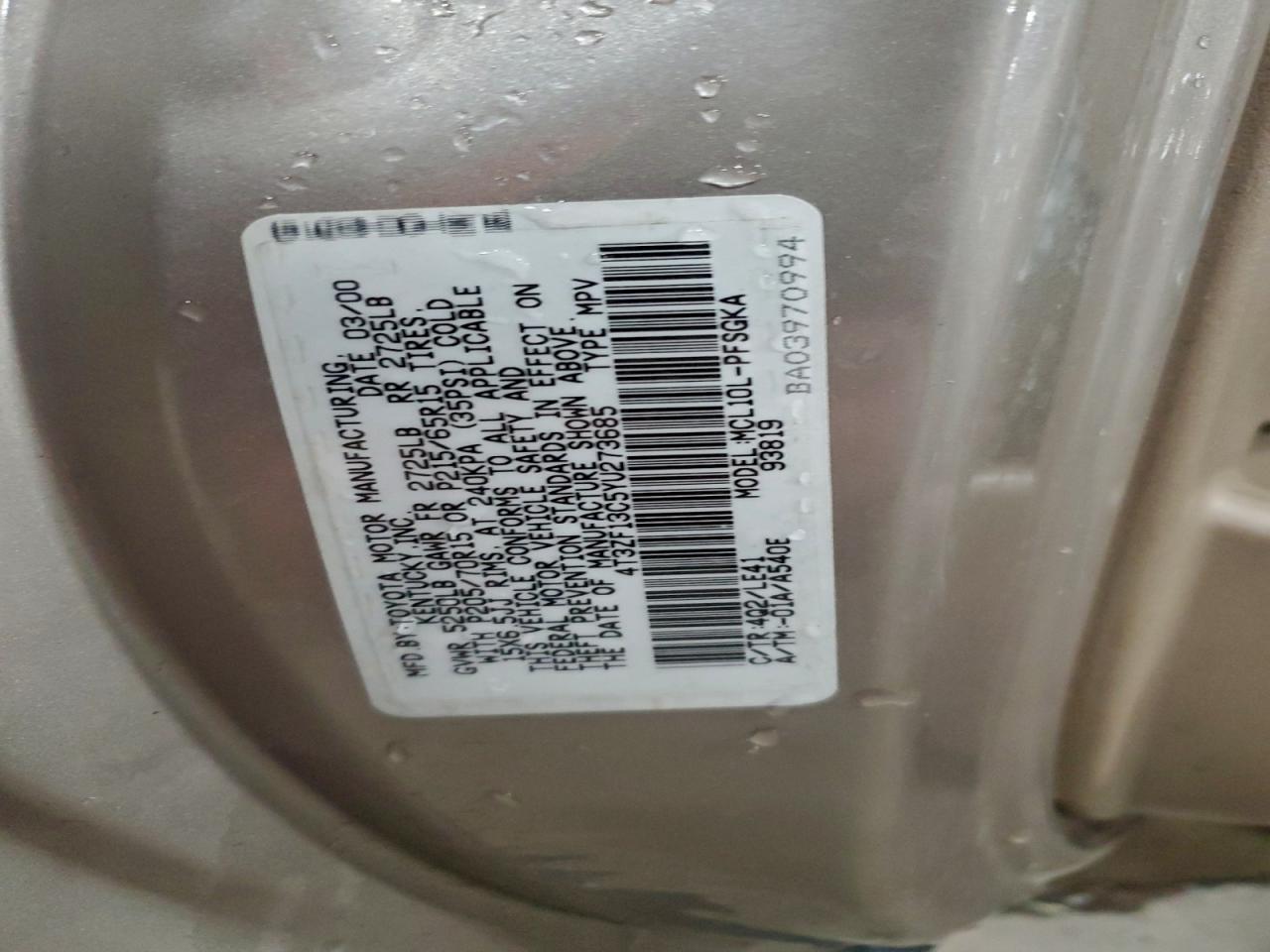 2000 Toyota Sienna Xle Tan vin: 4T3ZF13C5YU273685