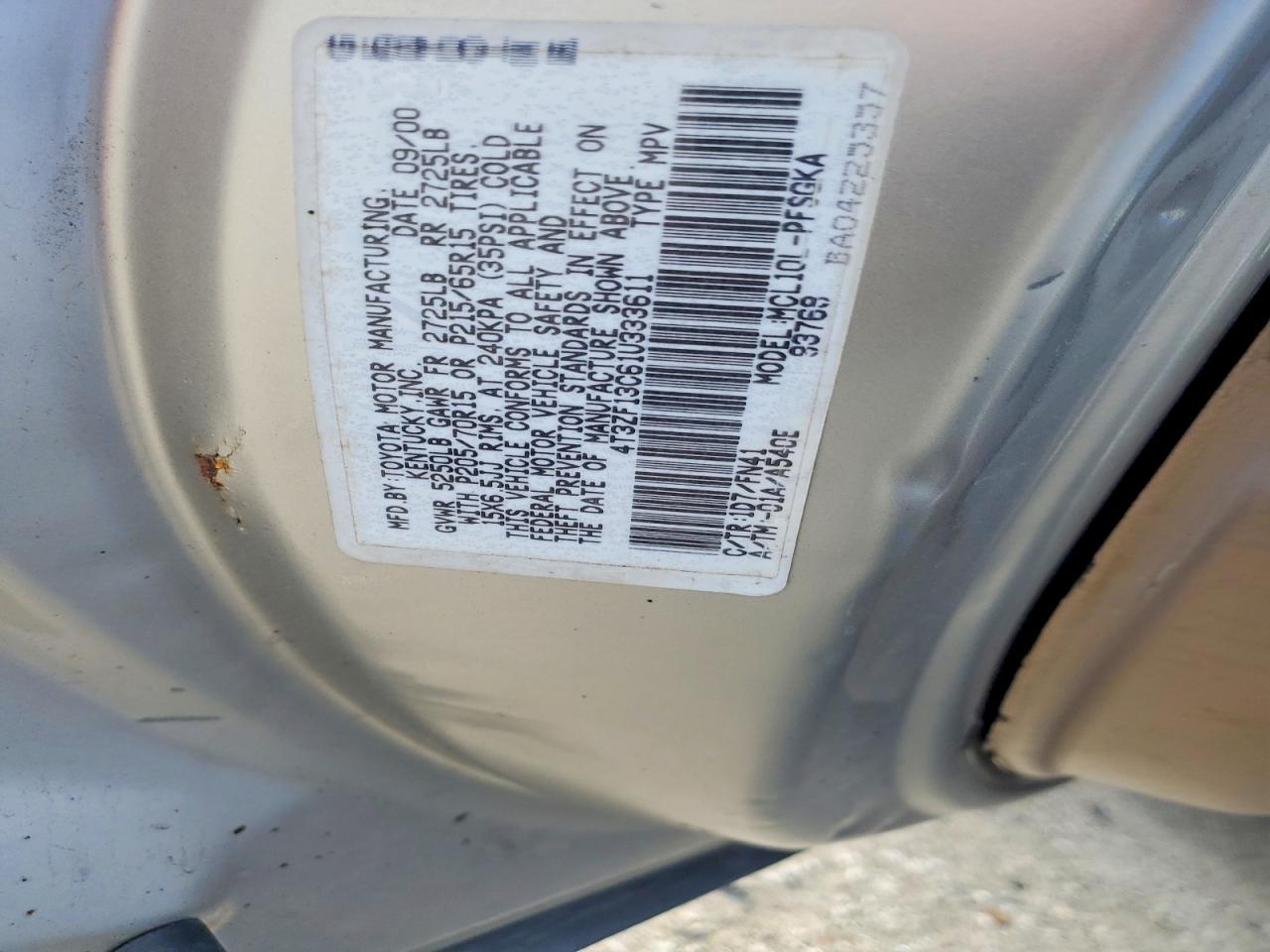 2001 Toyota Sienna Le Серебряный vin: 4T3ZF13C61U333611