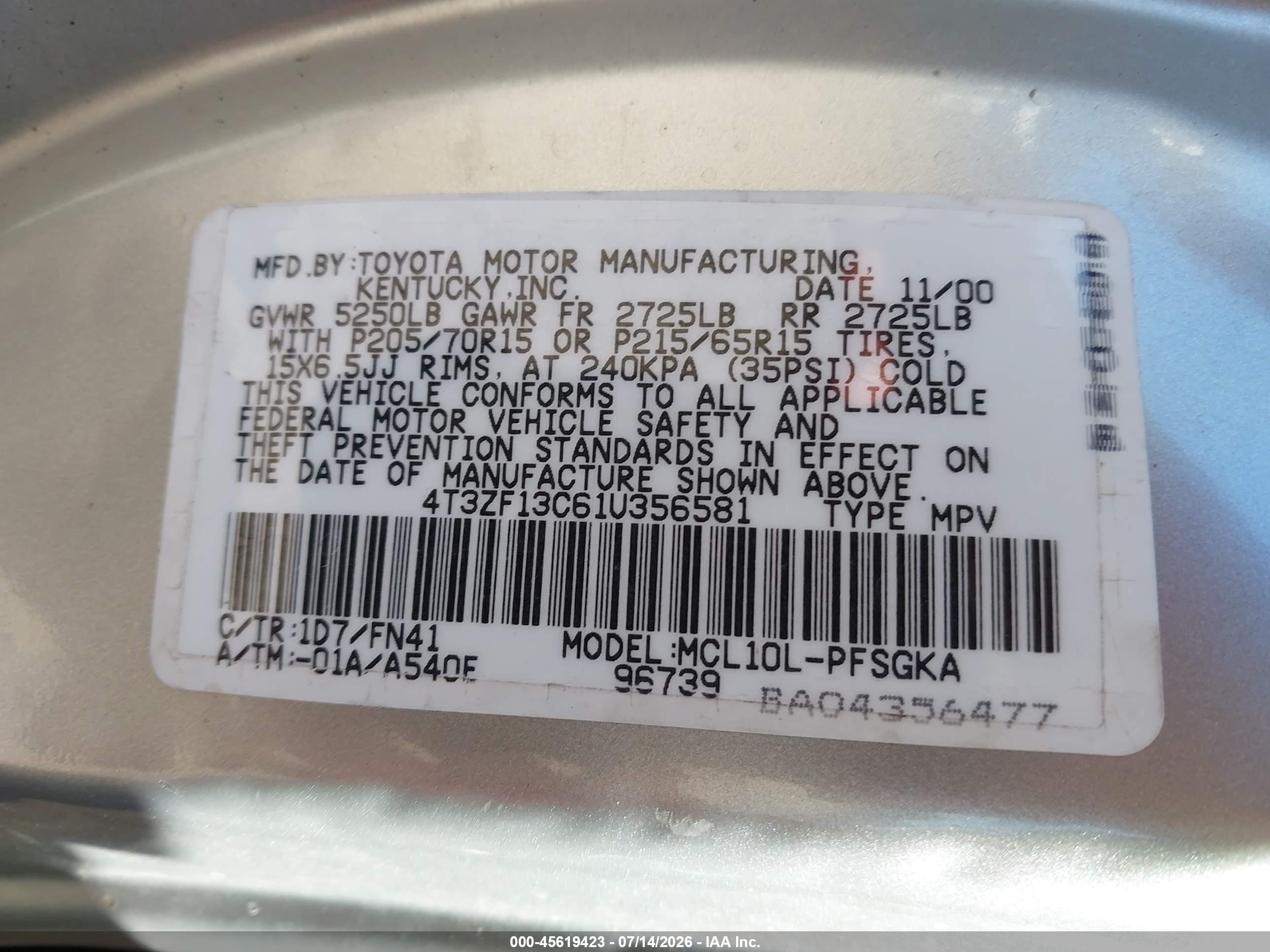 2001 Toyota Sienna Le Silver vin: 4T3ZF13C61U356581