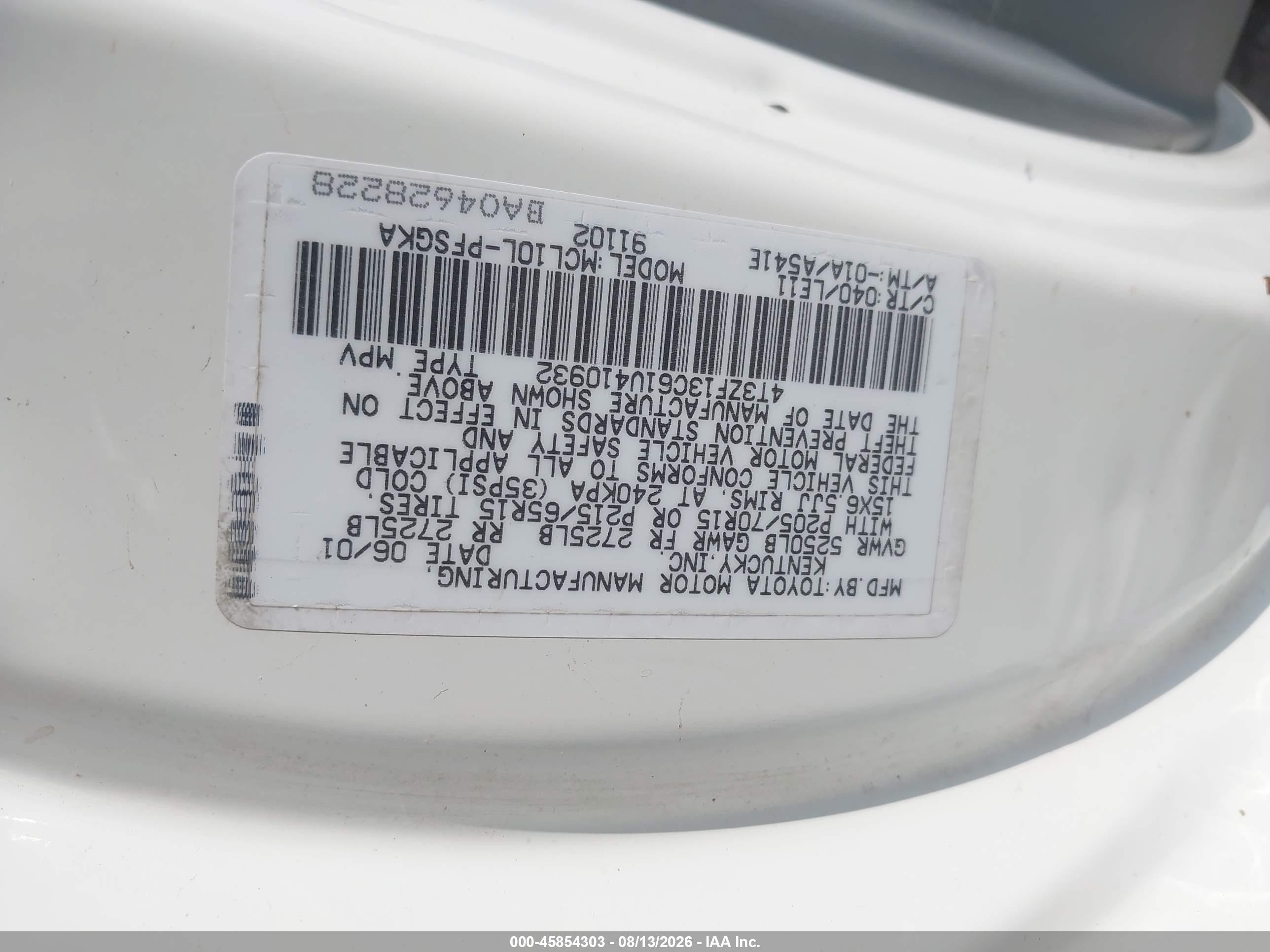 2001 Toyota Sienna Xle White vin: 4T3ZF13C61U410932