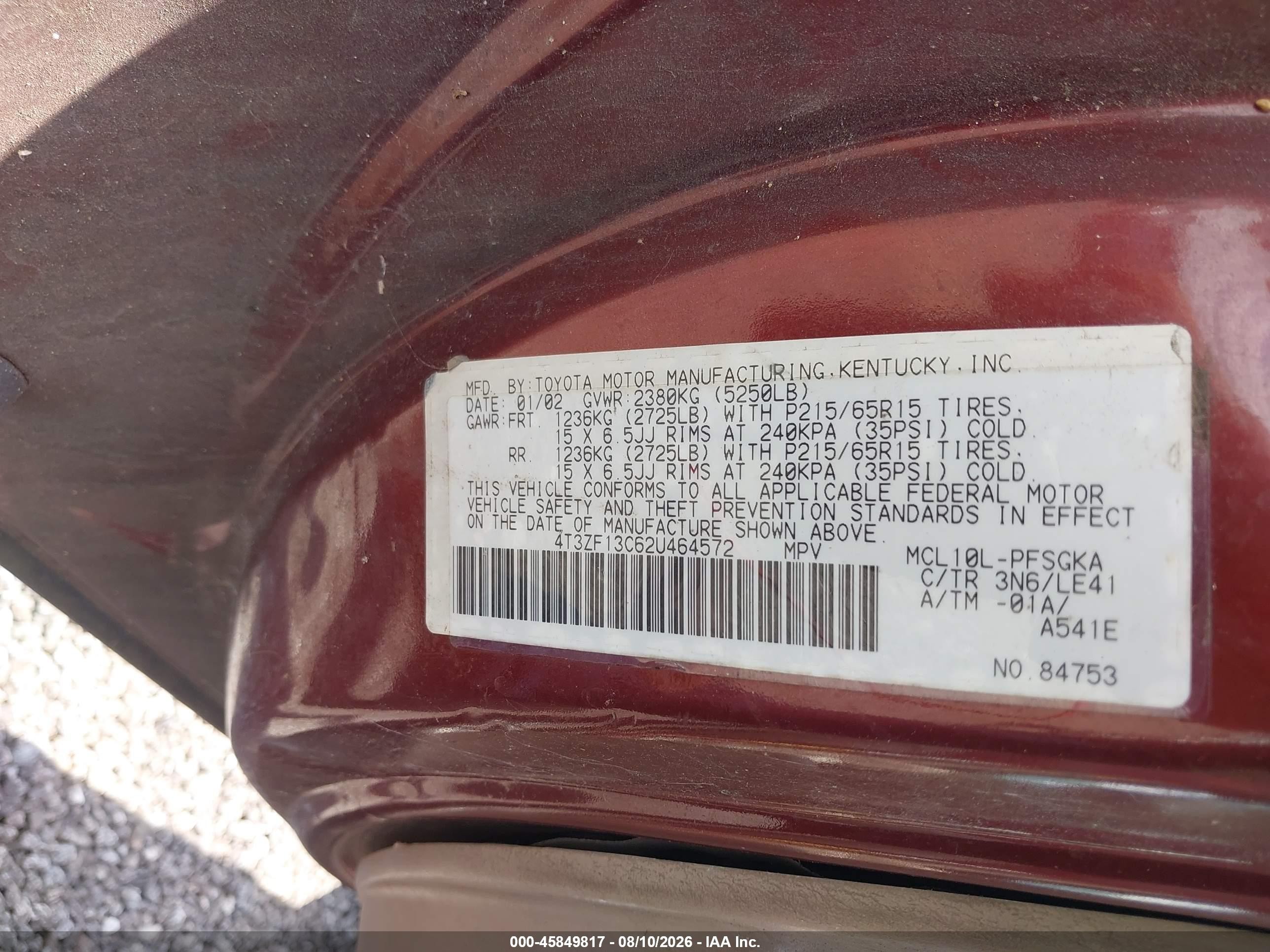 2002 Toyota Sienna Xle Burgundy vin: 4T3ZF13C62U464572