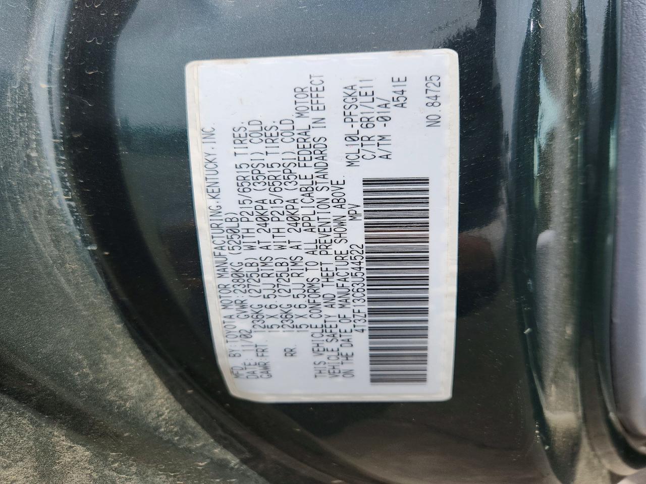 2003 Toyota Sienna Xle Зеленый vin: 4T3ZF13C63U544522