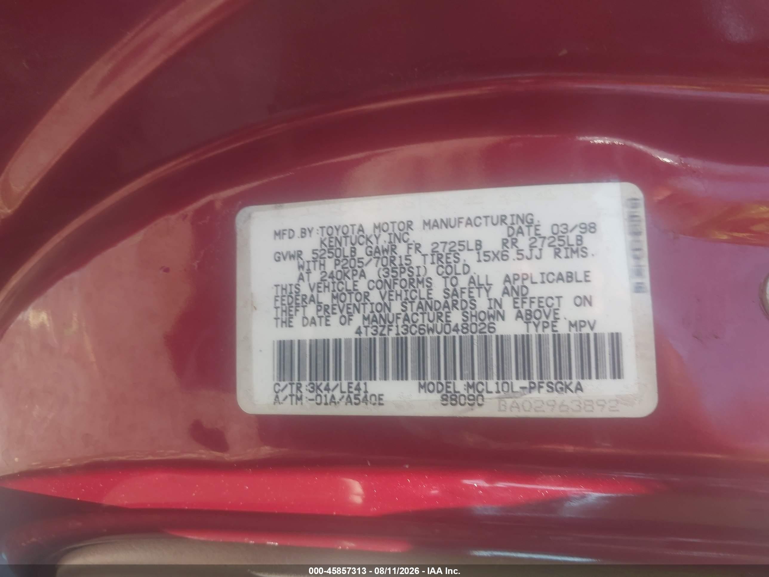 1998 Toyota Sienna Xle Red vin: 4T3ZF13C6WU048026