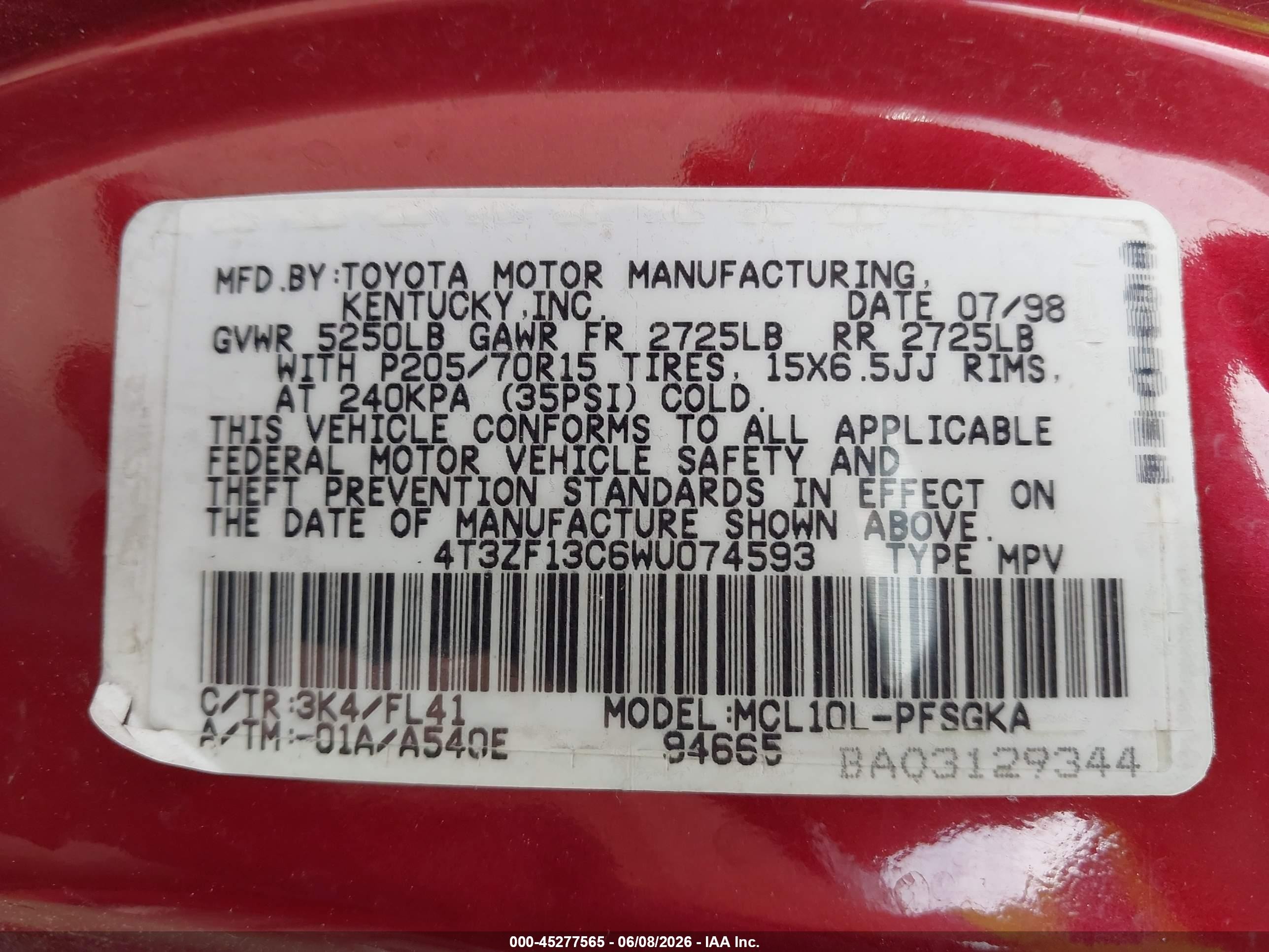 1998 Toyota Sienna Le Red vin: 4T3ZF13C6WU074593