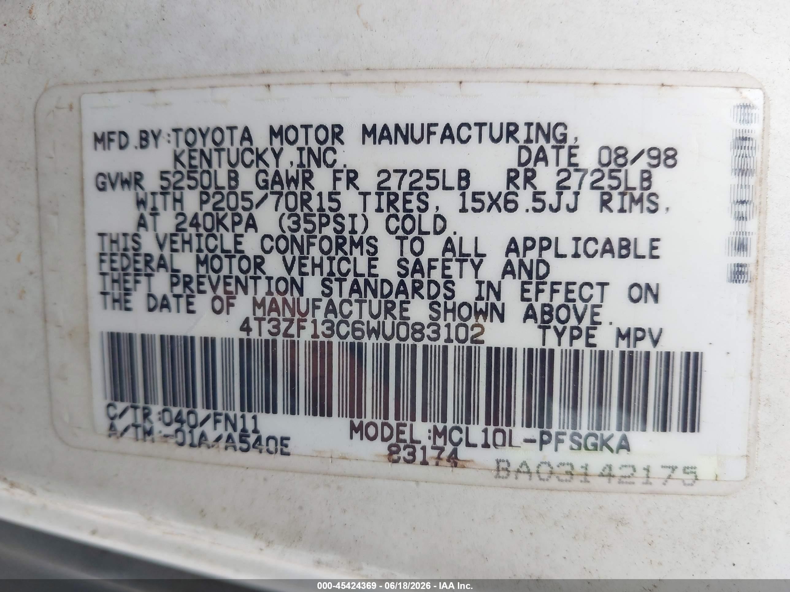 1998 Toyota Sienna Le White vin: 4T3ZF13C6WU083102