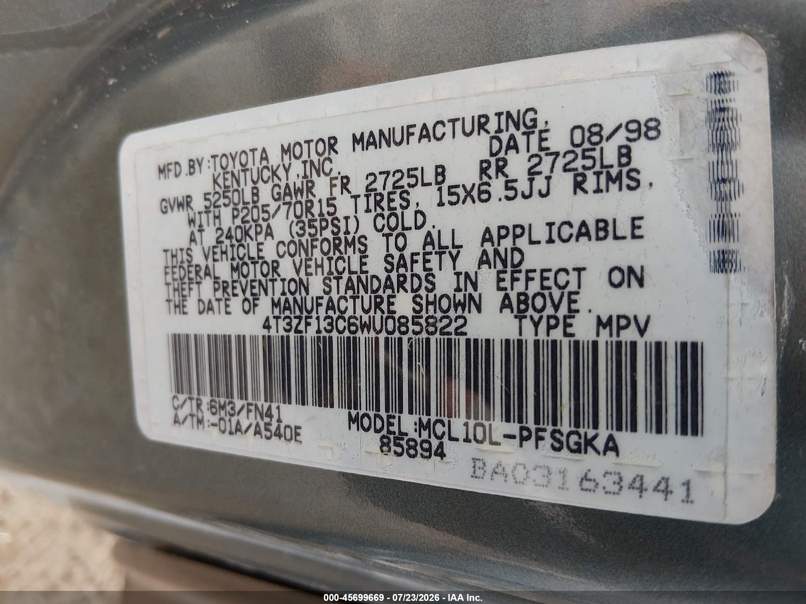 1998 Toyota Sienna Le Blue vin: 4T3ZF13C6WU085822