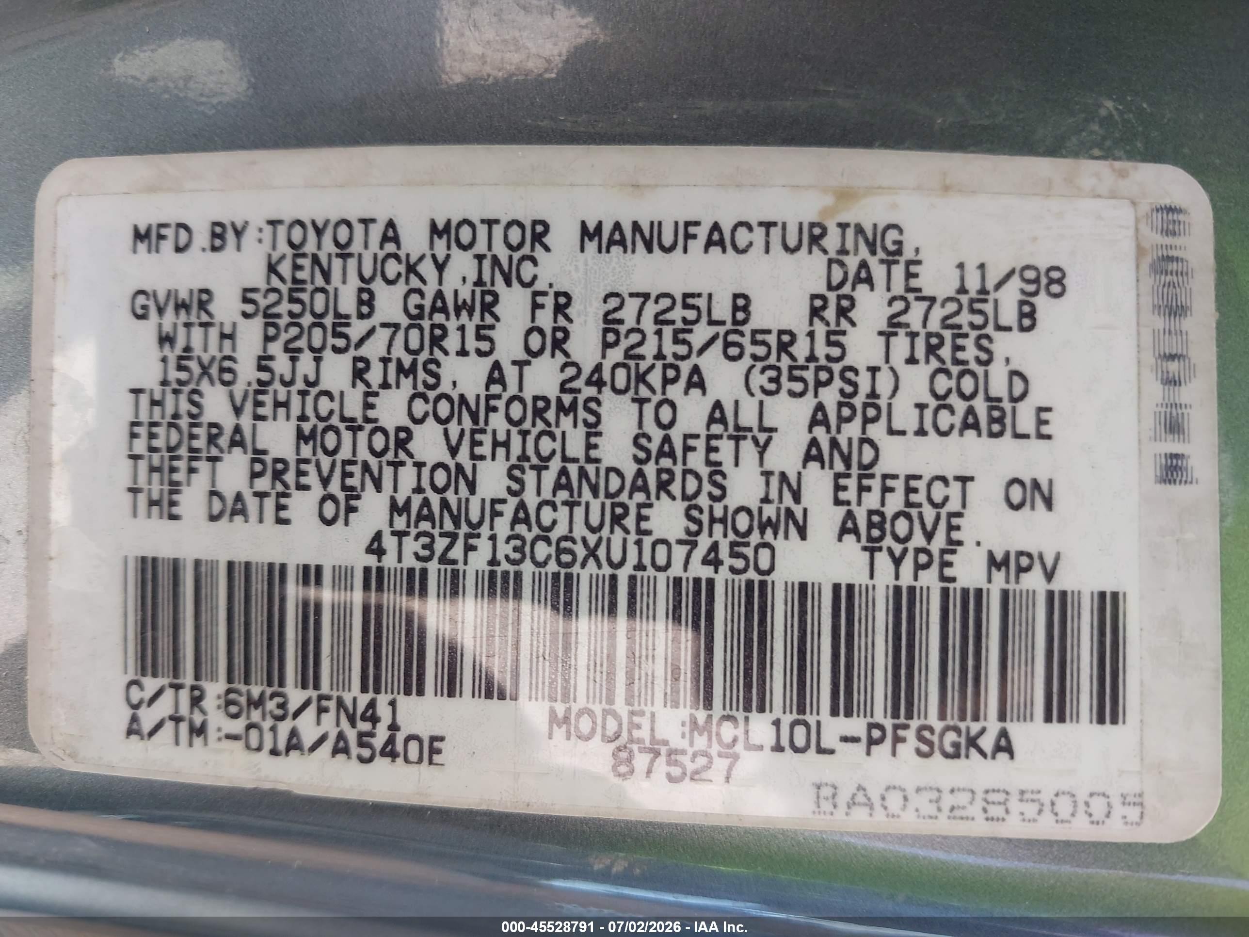 1999 Toyota Sienna Le Teal vin: 4T3ZF13C6XU107450