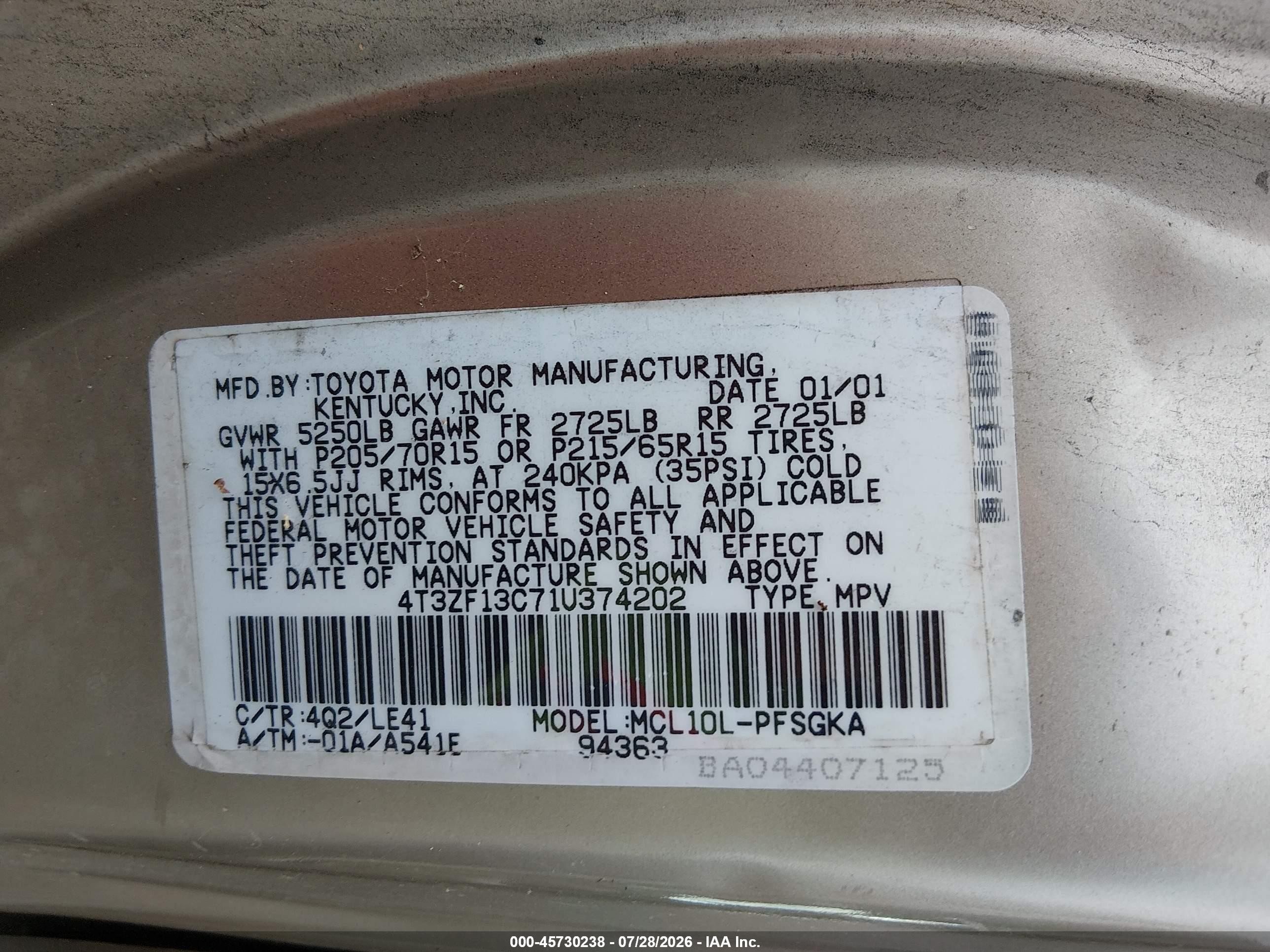 2001 Toyota Sienna Xle Gold vin: 4T3ZF13C71U374202