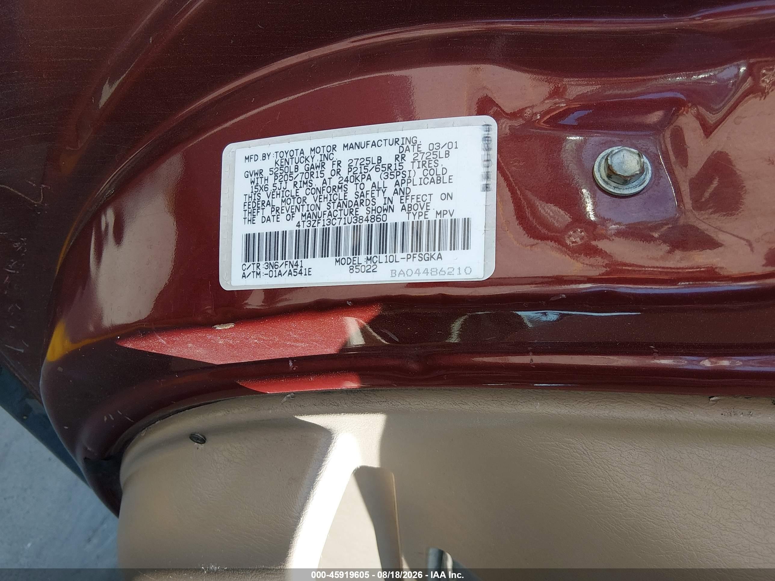 2001 Toyota Sienna Le Brown vin: 4T3ZF13C71U384860