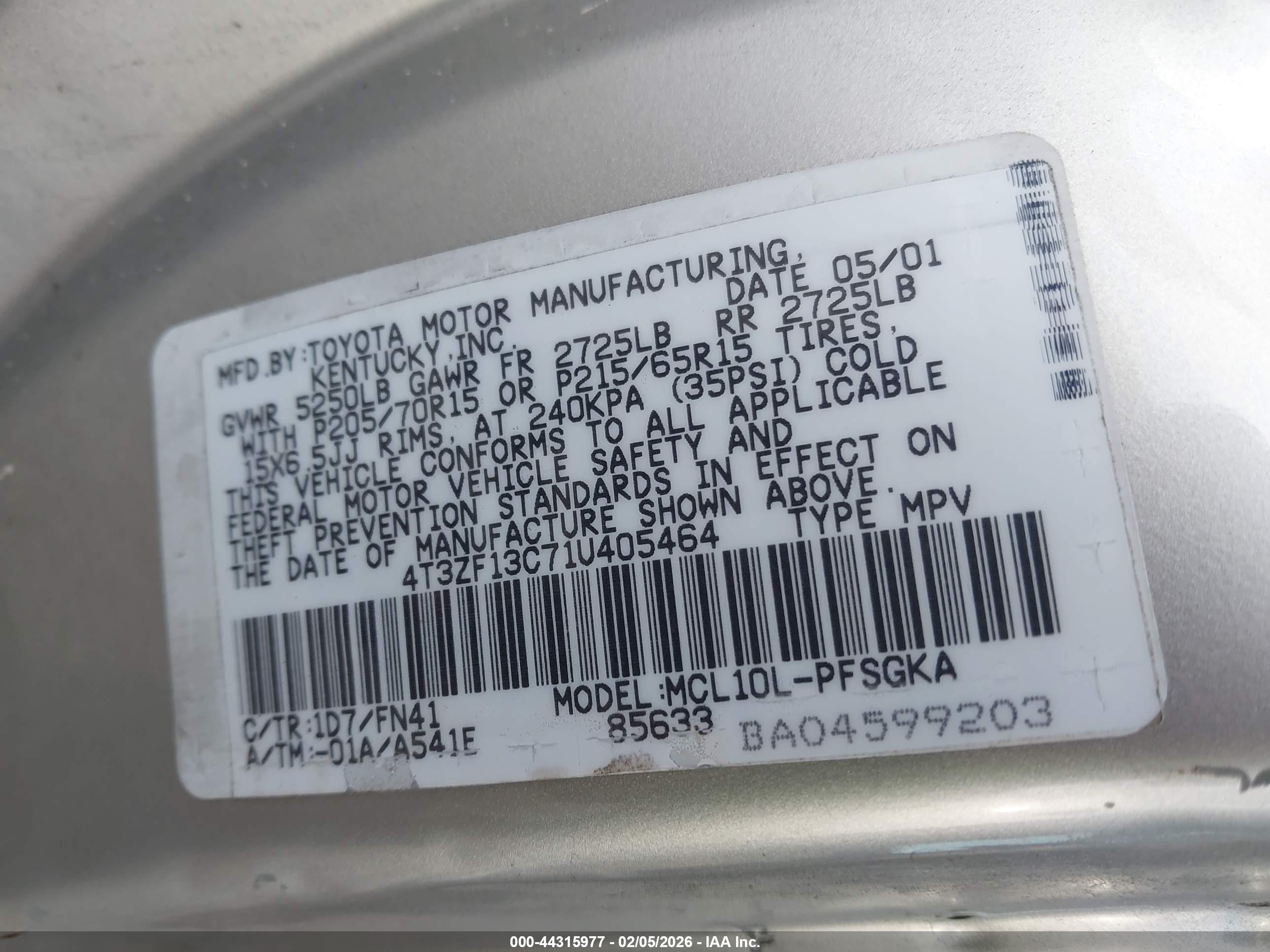 2001 Toyota Sienna Le Silver vin: 4T3ZF13C71U405464