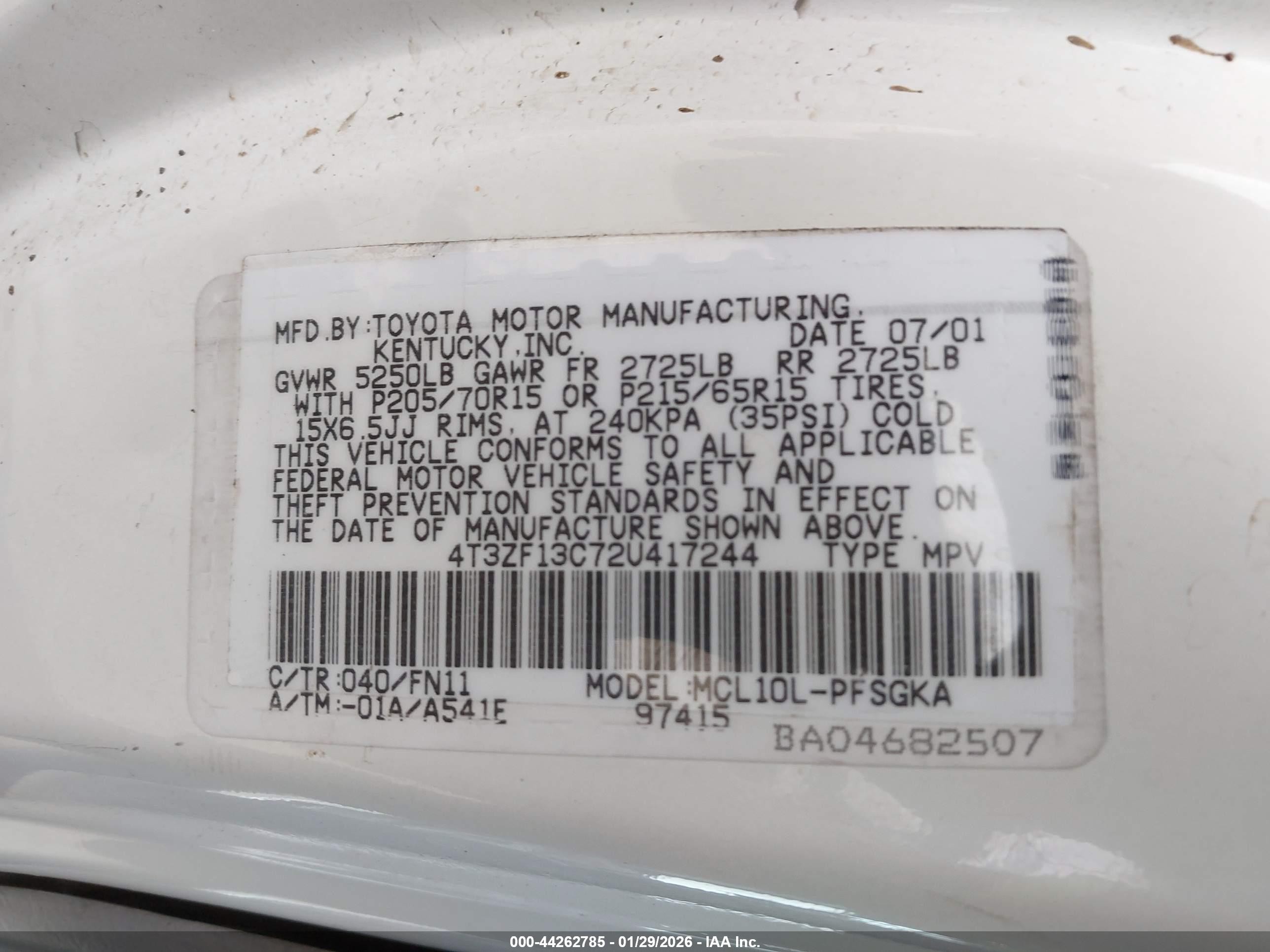 2002 Toyota Sienna Le White vin: 4T3ZF13C72U417244