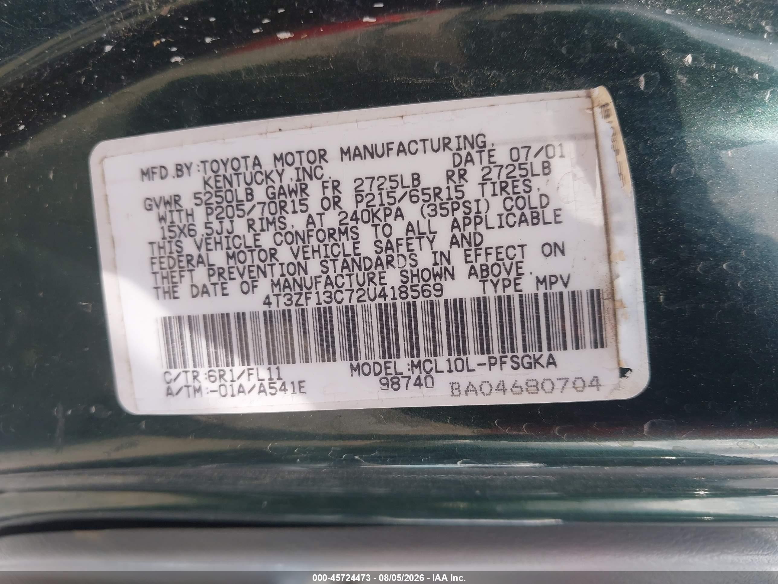 2002 Toyota Sienna Xle Green vin: 4T3ZF13C72U418569