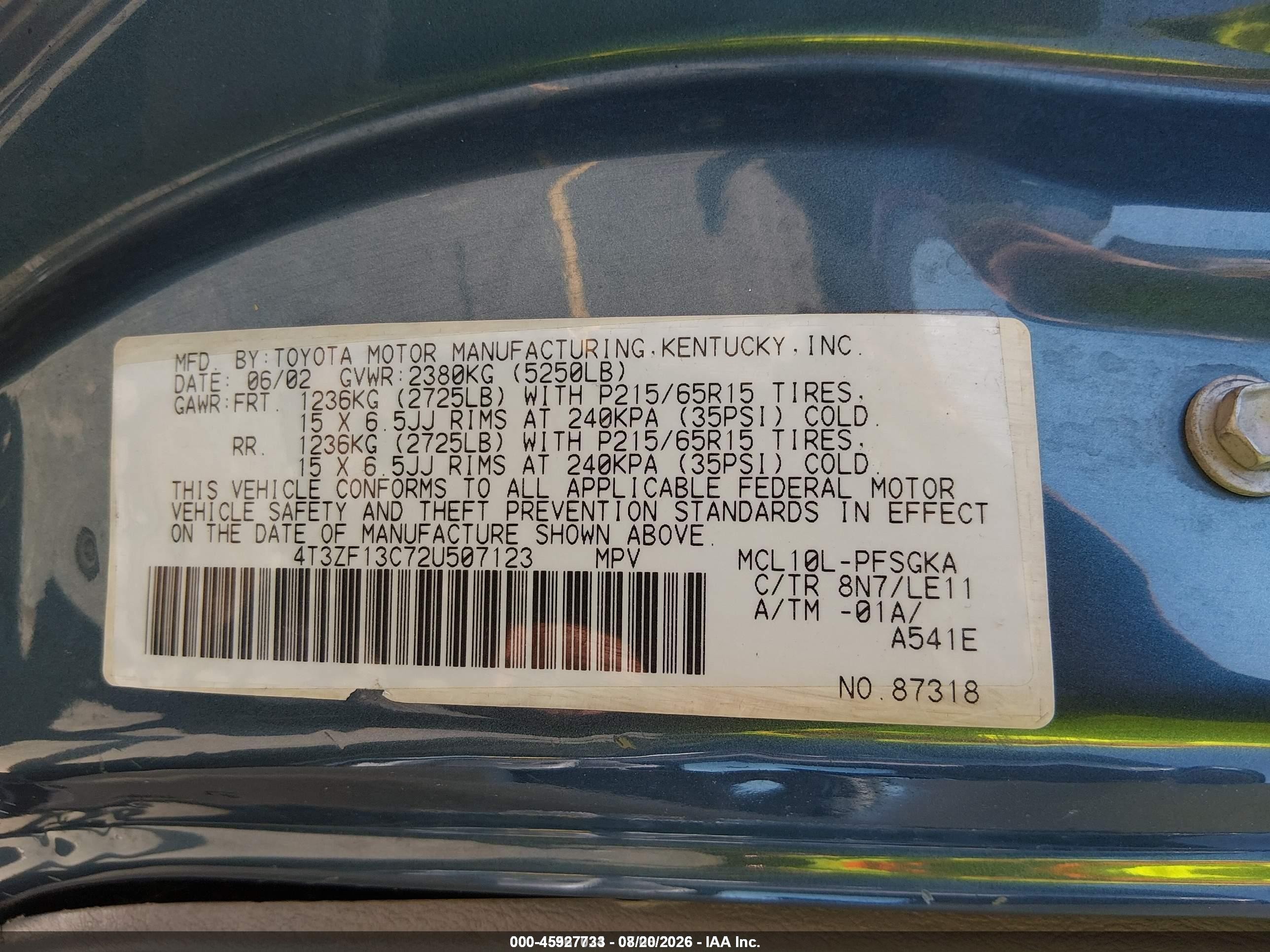 2002 Toyota Sienna Xle Green vin: 4T3ZF13C72U507123