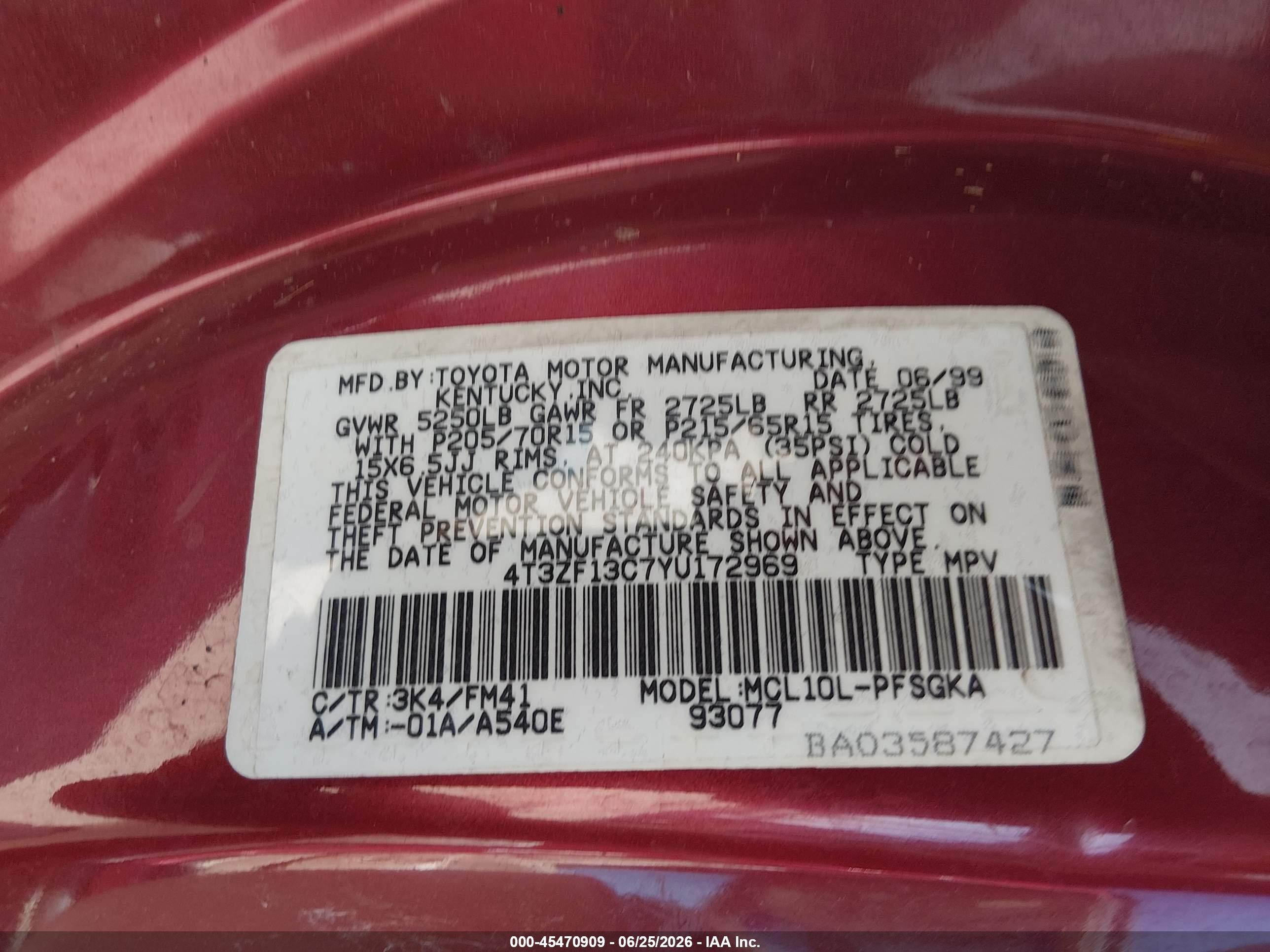 2000 Toyota Sienna Xle Red vin: 4T3ZF13C7YU172969