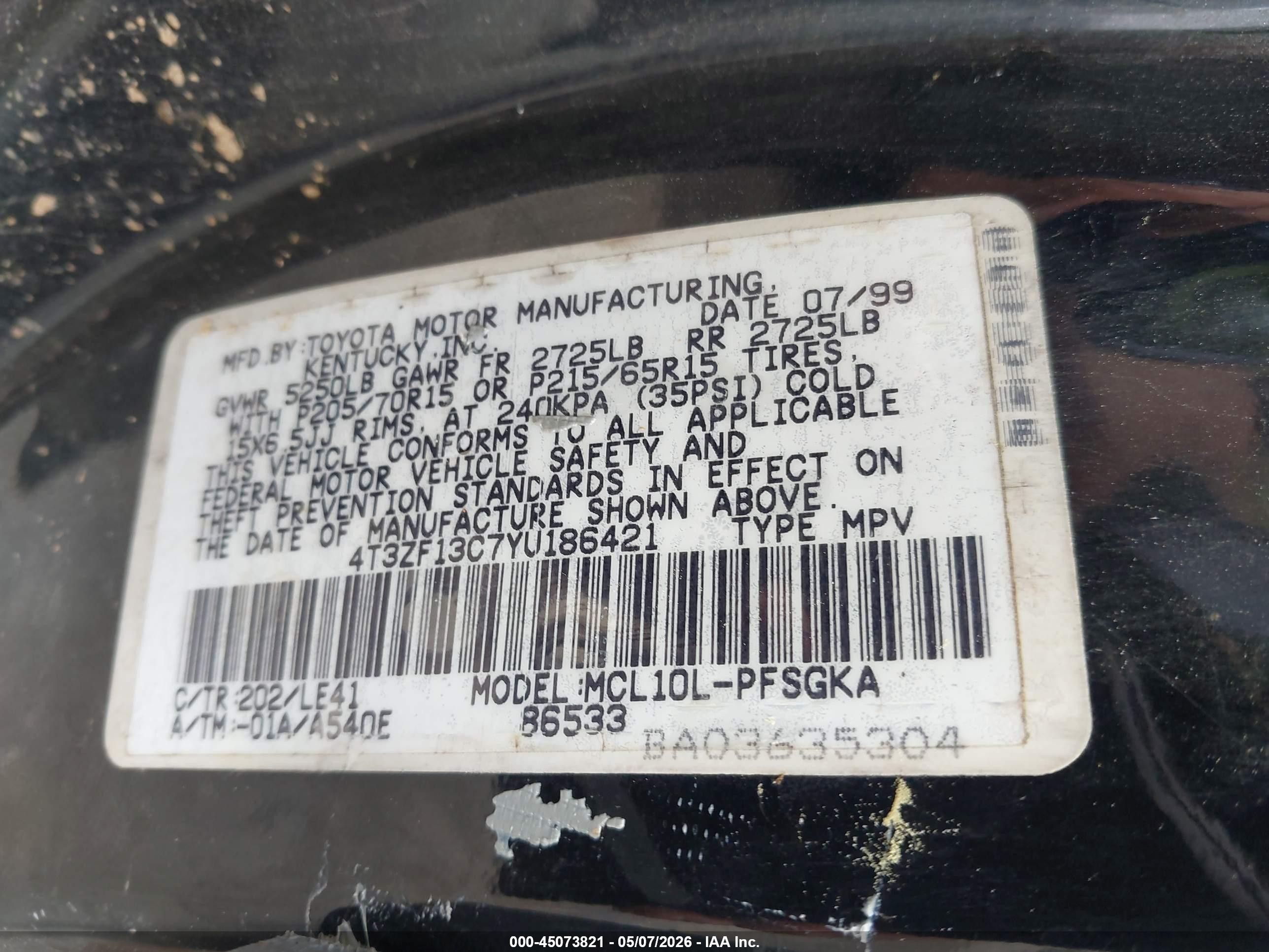 2000 Toyota Sienna Xle Black vin: 4T3ZF13C7YU186421