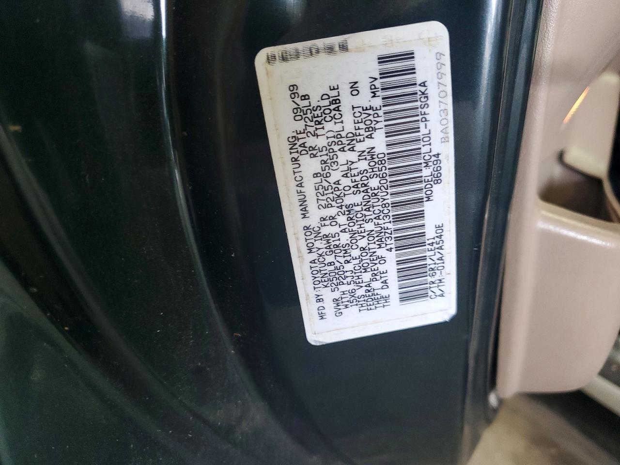 2000 Toyota Sienna Xle Green vin: 4T3ZF13C8YU206580