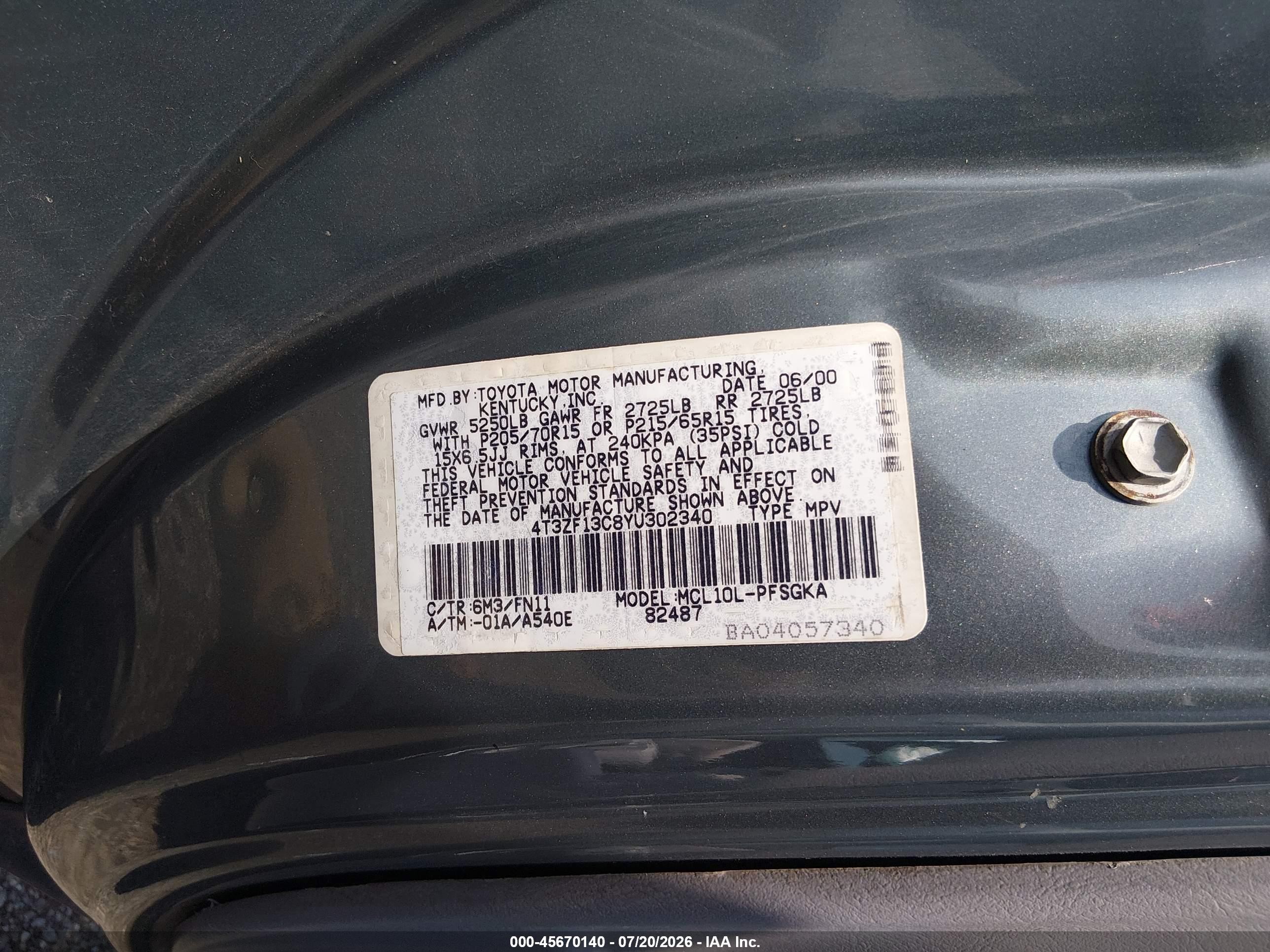 2000 Toyota Sienna Le Light Blue vin: 4T3ZF13C8YU302340