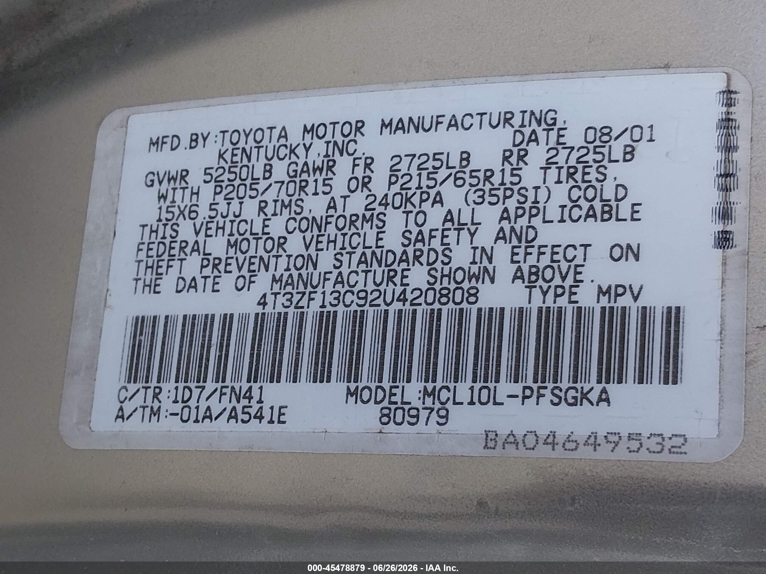 2002 Toyota Sienna Le/xle Beige vin: 4T3ZF13C92U420808