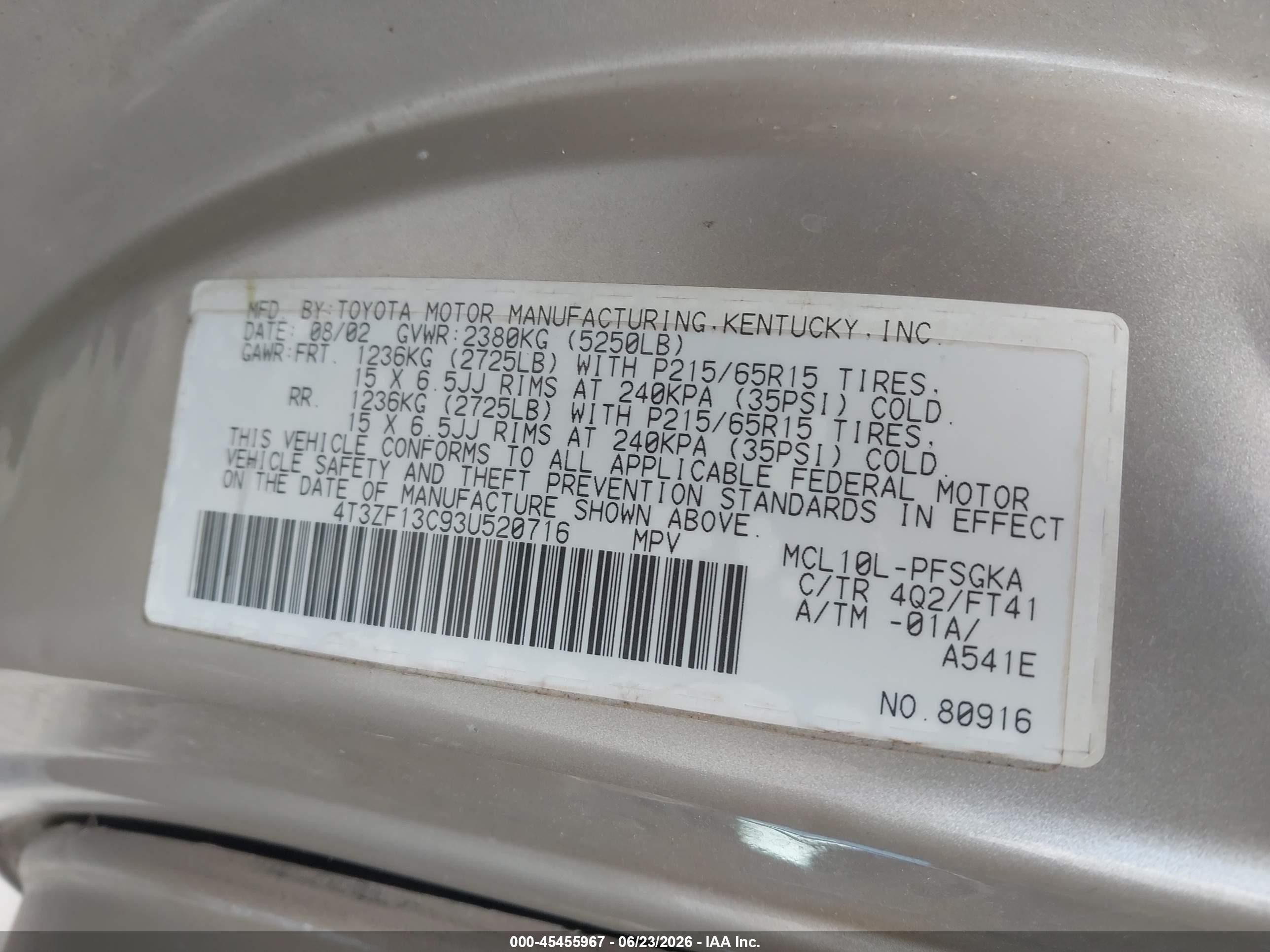 2003 Toyota Sienna Le Tan vin: 4T3ZF13C93U520716