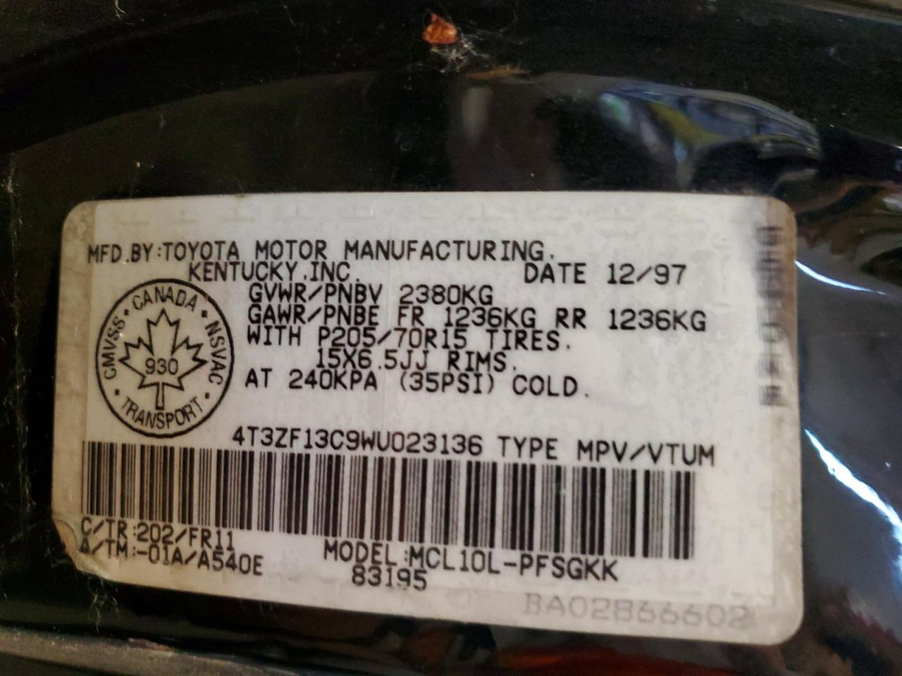 1998 Toyota Sienna Le Black vin: 4T3ZF13C9WU023136