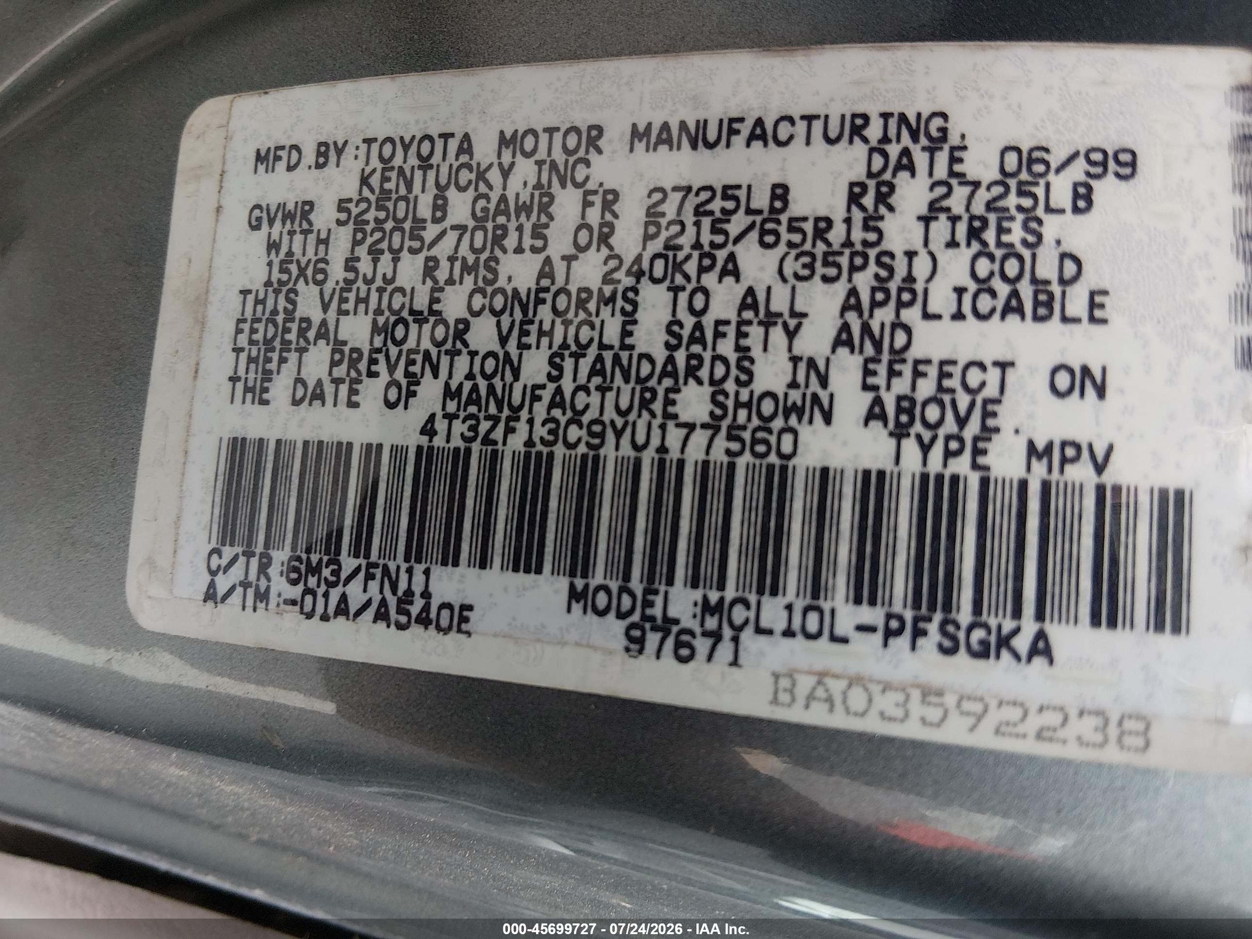 2000 Toyota Sienna Le Green vin: 4T3ZF13C9YU177560
