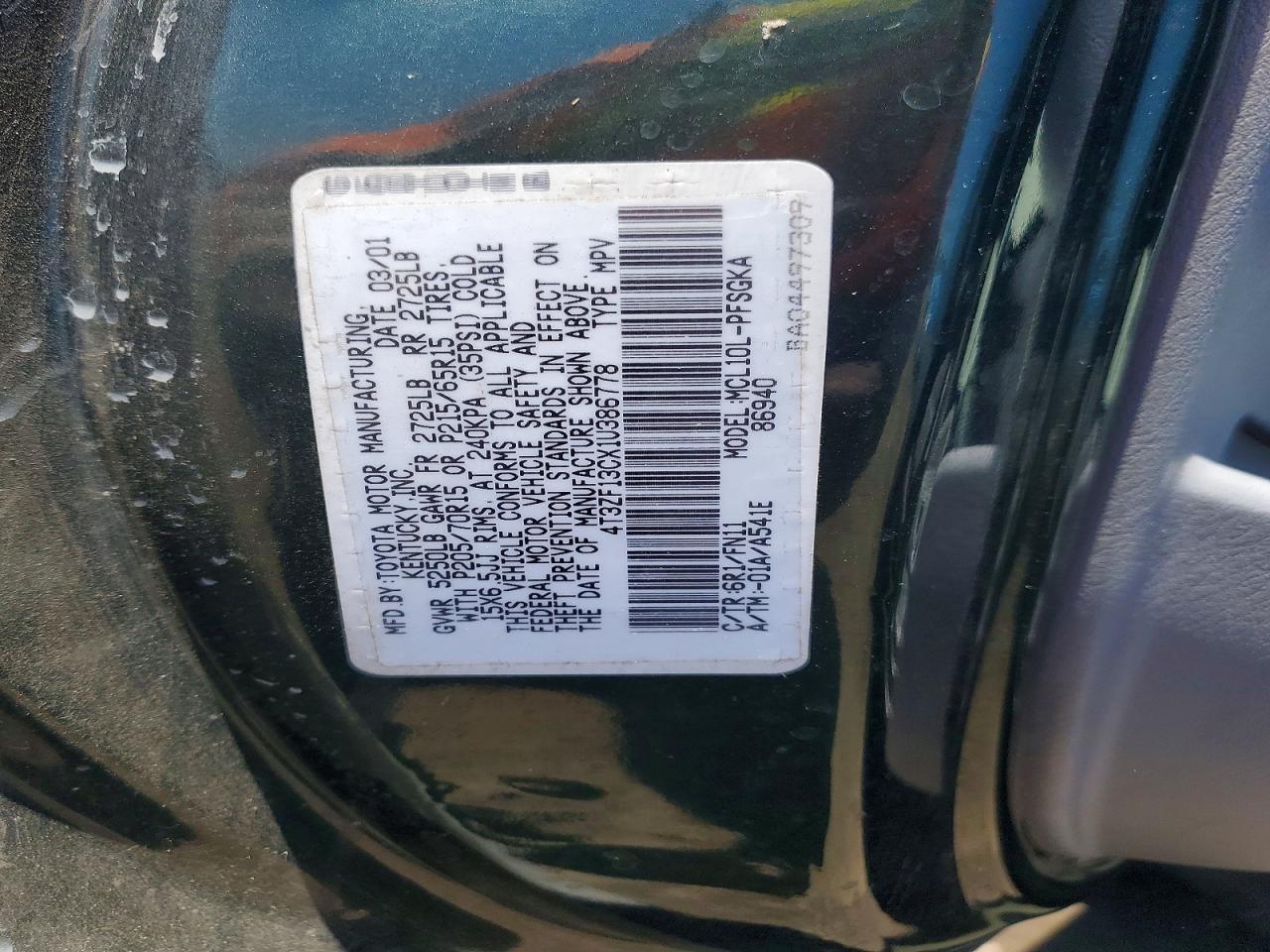 2001 Toyota Sienna Le Green vin: 4T3ZF13CX1U386778
