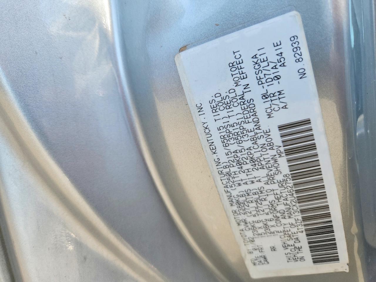 2002 Toyota Sienna Xle Silver vin: 4T3ZF13CX2U462758