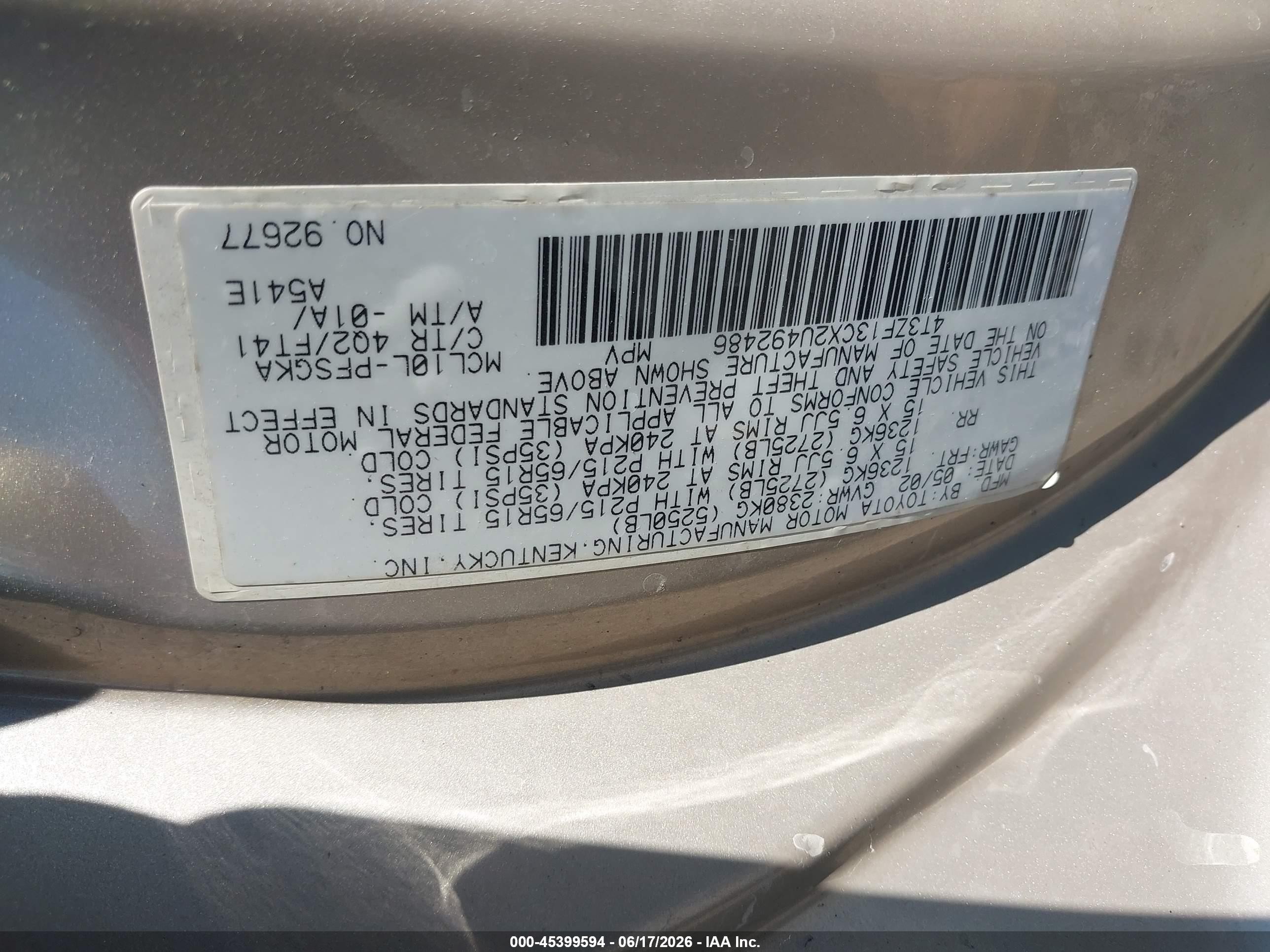 2002 Toyota Sienna Le Gray vin: 4T3ZF13CX2U492486