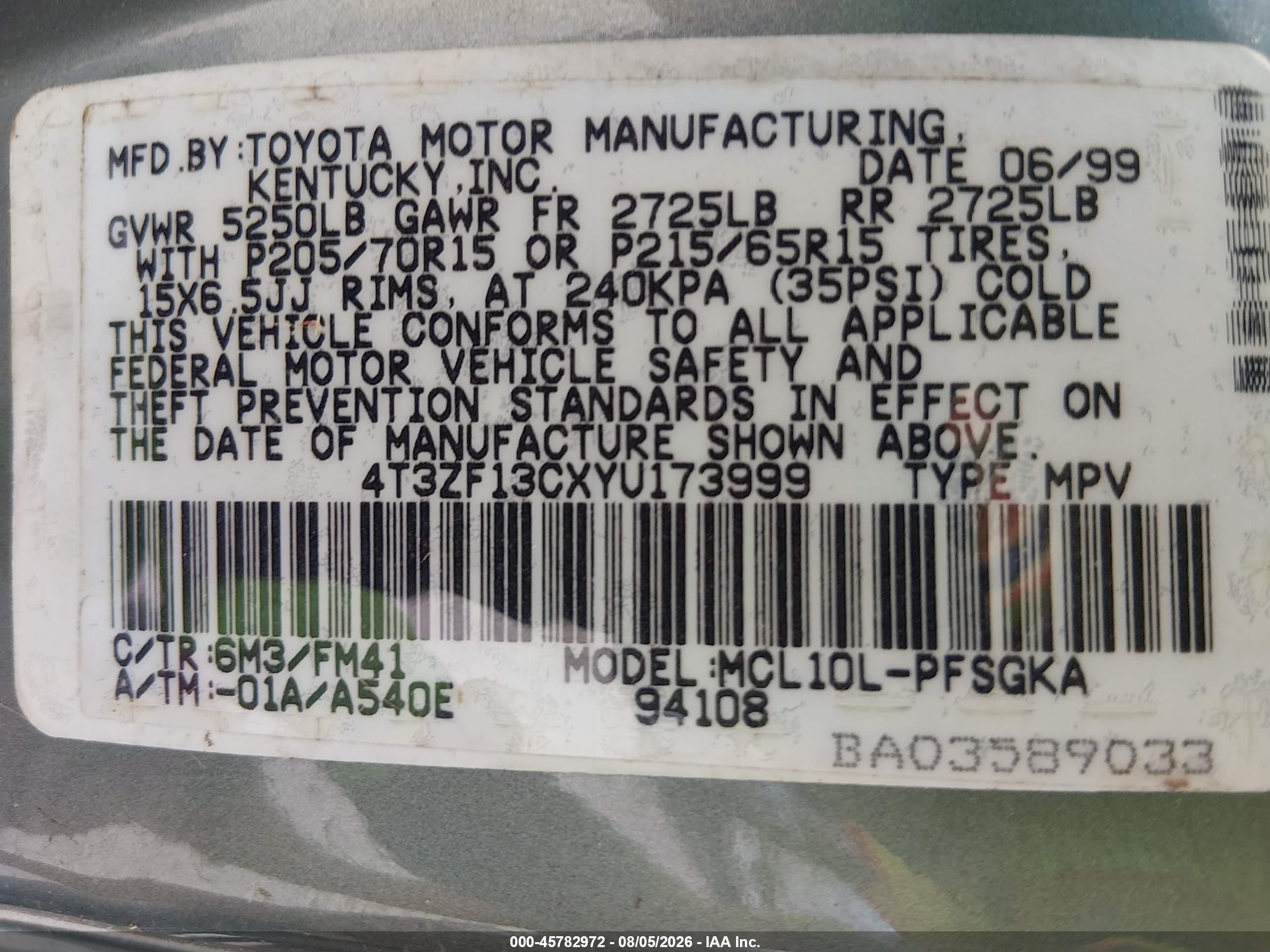 2000 Toyota Sienna Xle Green vin: 4T3ZF13CXYU173999
