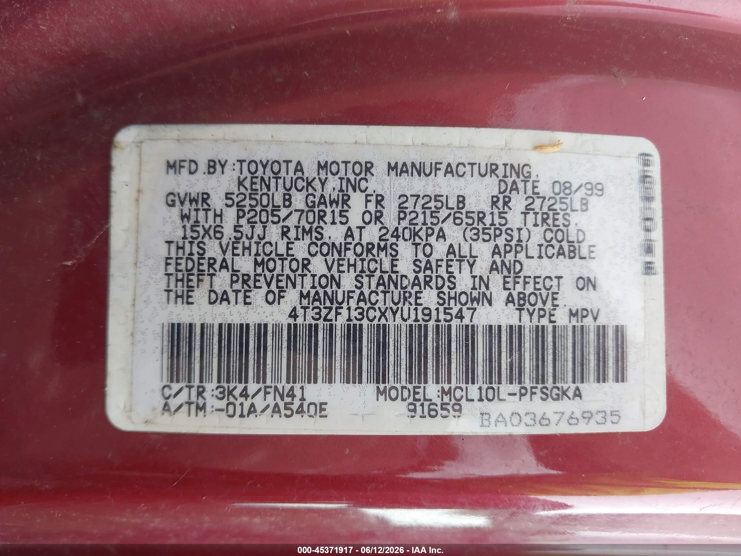 2000 Toyota Sienna Le Red vin: 4T3ZF13CXYU191547
