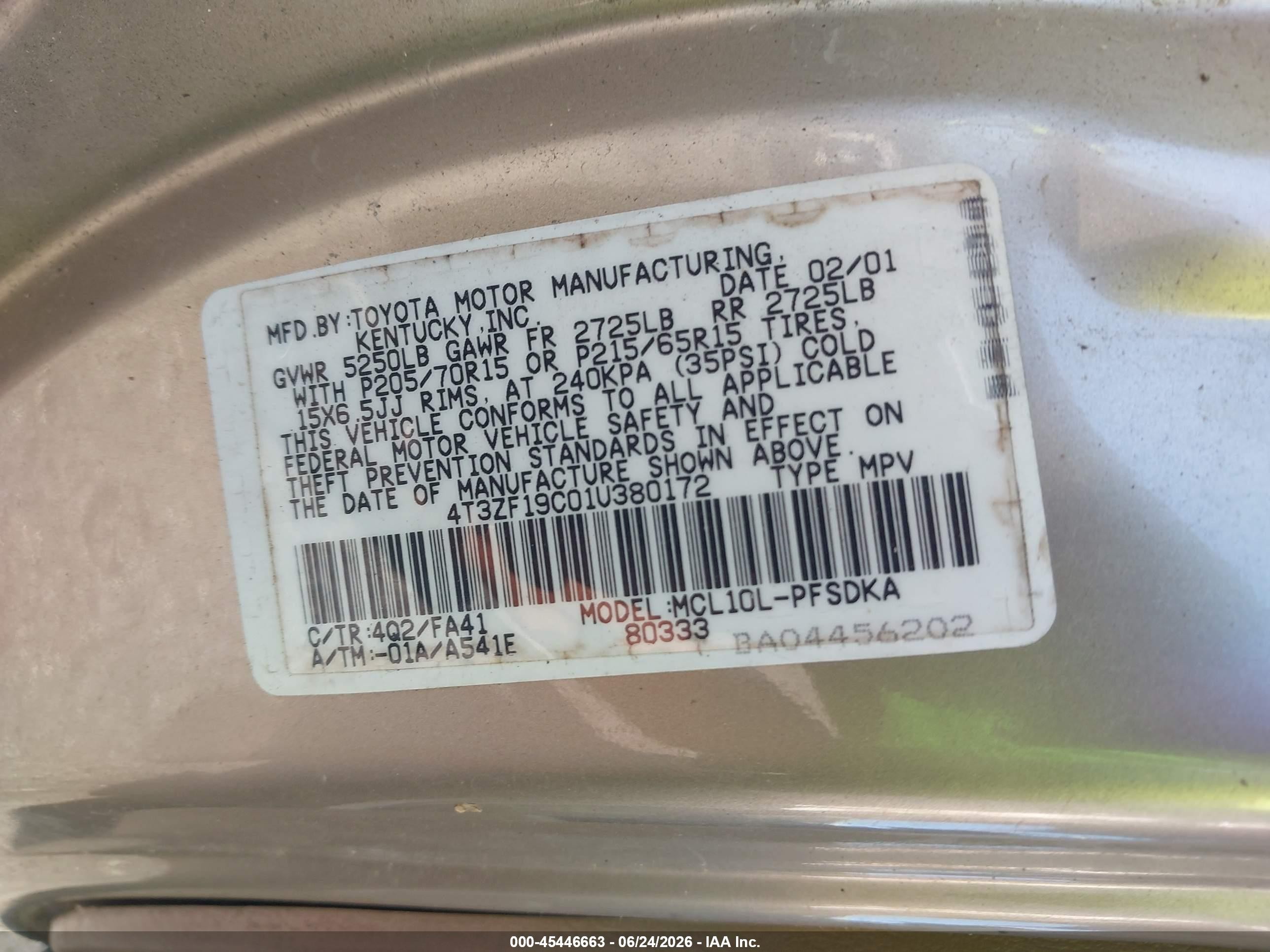 2001 Toyota Sienna Ce Brown vin: 4T3ZF19C01U380172
