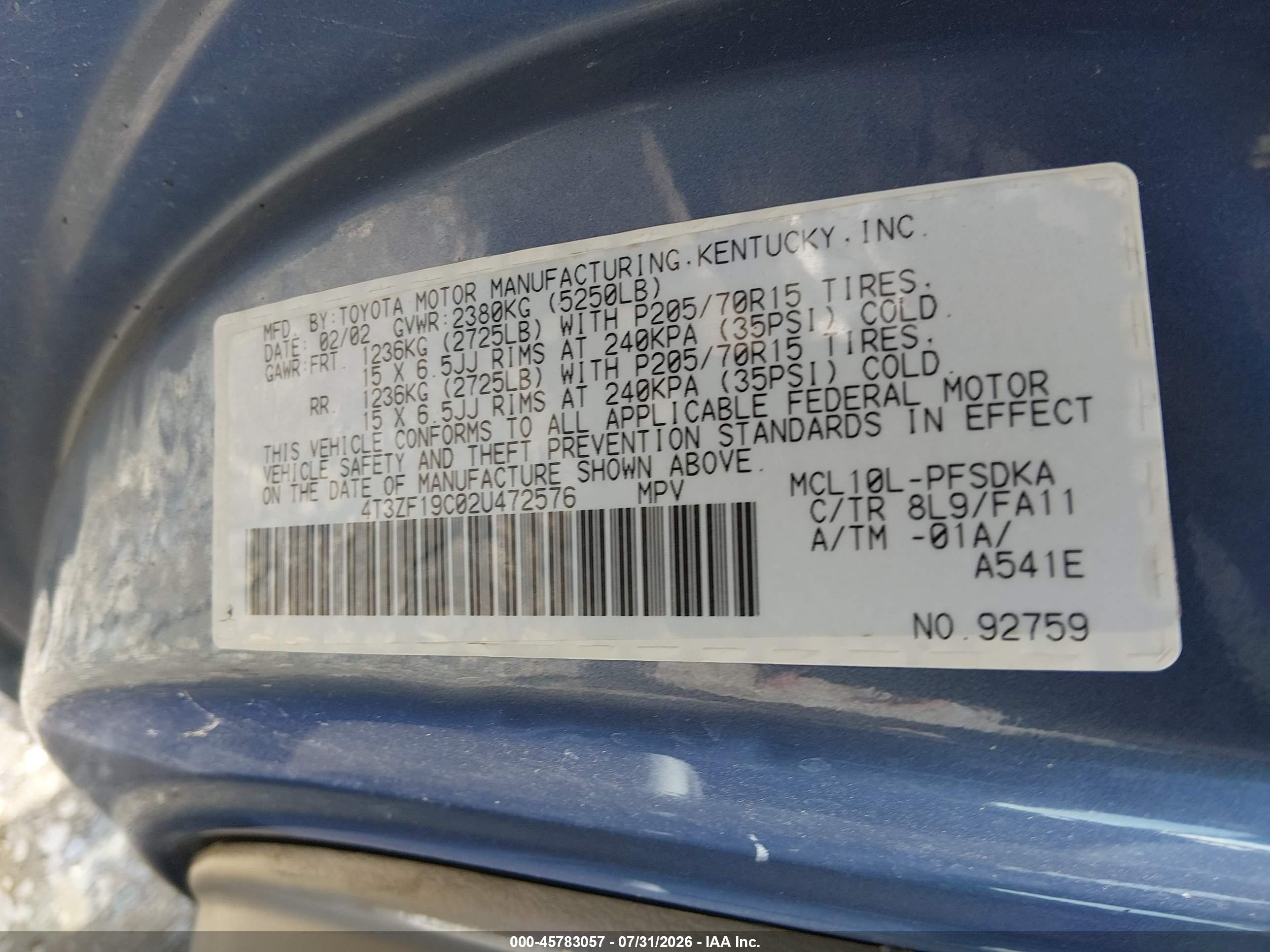 2002 Toyota Sienna Ce Blue vin: 4T3ZF19C02U472576