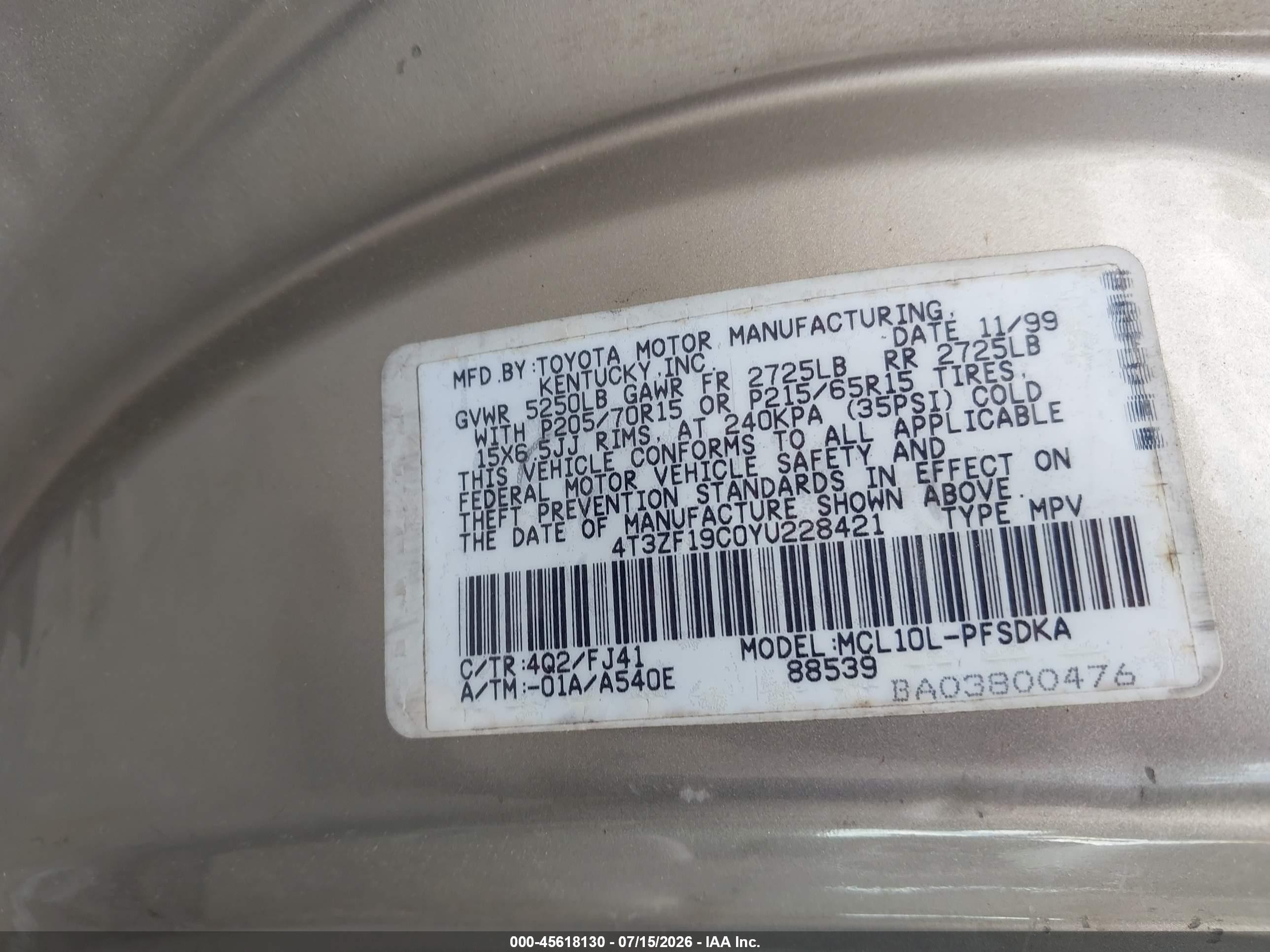 2000 Toyota Sienna Ce Бежевый vin: 4T3ZF19C0YU228421