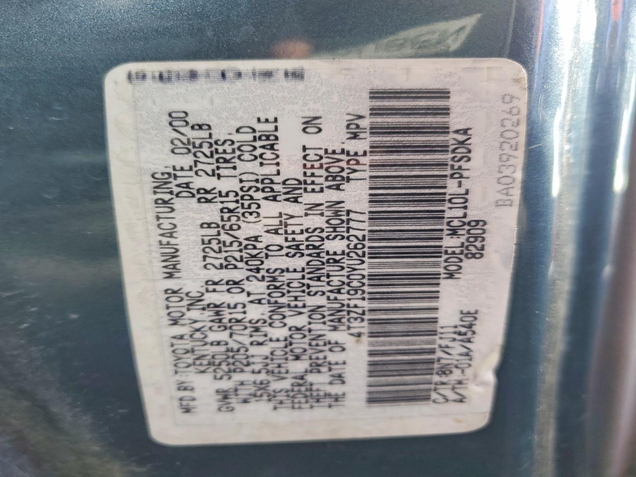 2000 Toyota Sienna Ce Blue vin: 4T3ZF19C0YU262777